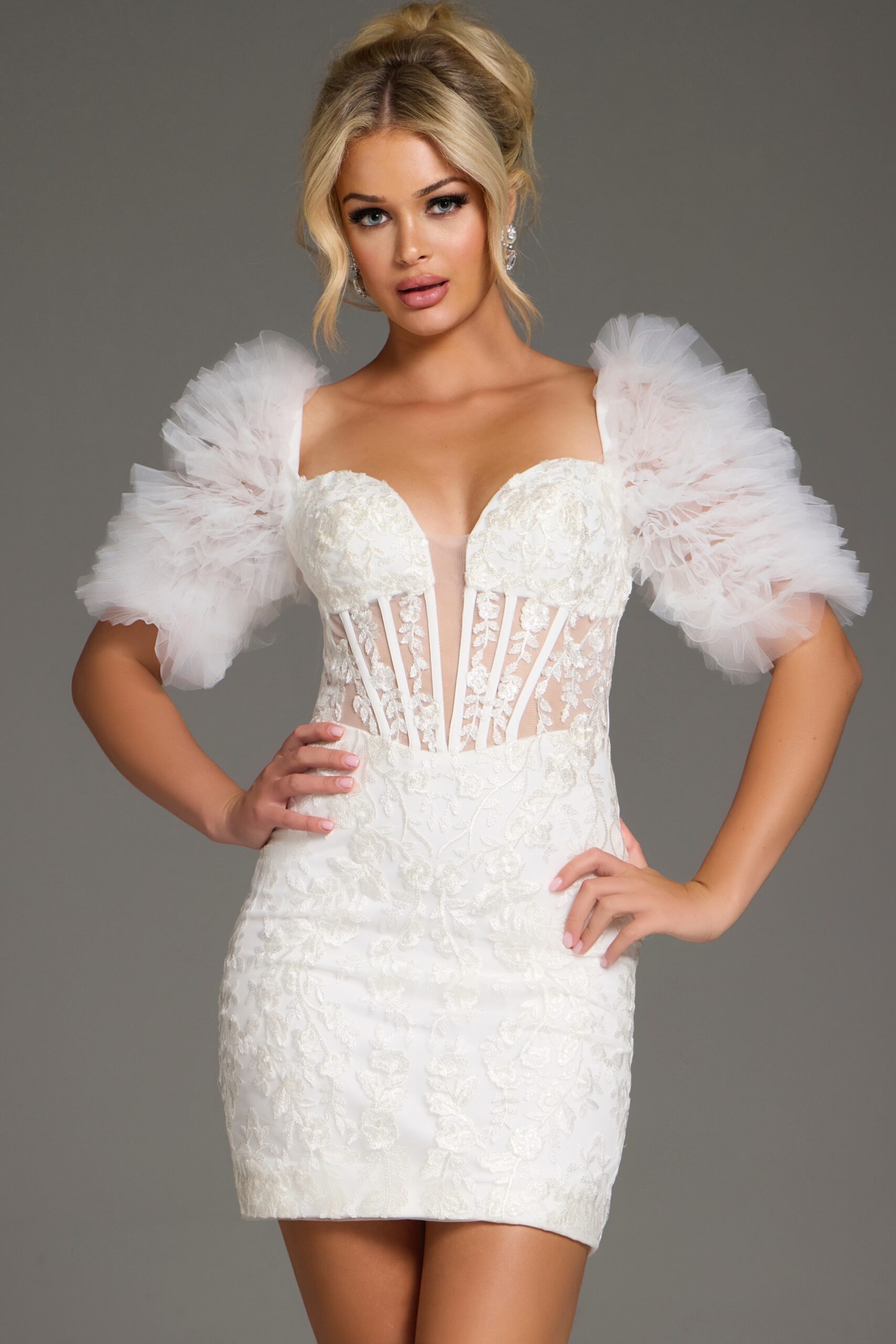 Jovani -40426 Lace Mini Cocktail Dress with Tulle Puff Sleeves and Sheer Bodice 4 / White