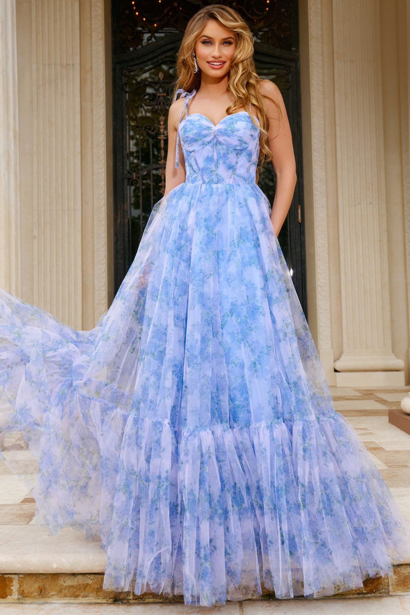 Jovani -40432B Floral Print Ball Gown With Sweetheart Neckline and Tie Straps Prom Dresses