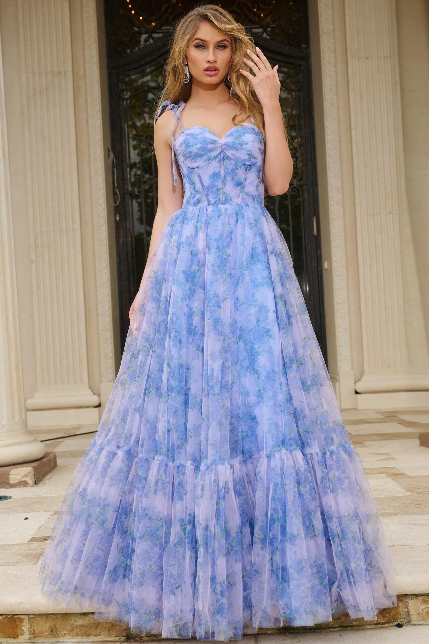 Jovani -40432B Floral Print Ball Gown With Sweetheart Neckline and Tie Straps Prom Dresses