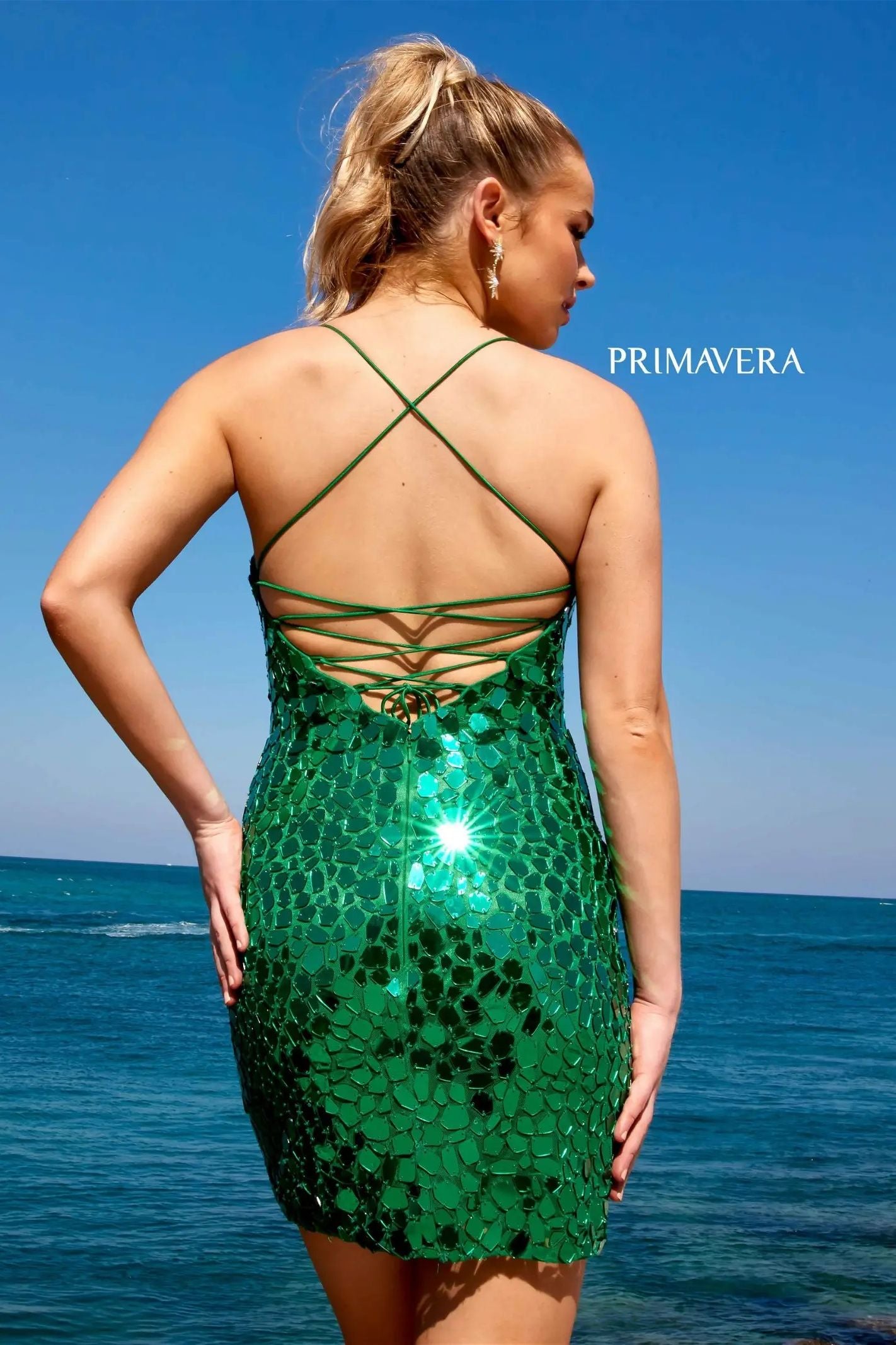 Primavera Couture -4056 Glass Cut Embellished Sheath Dress