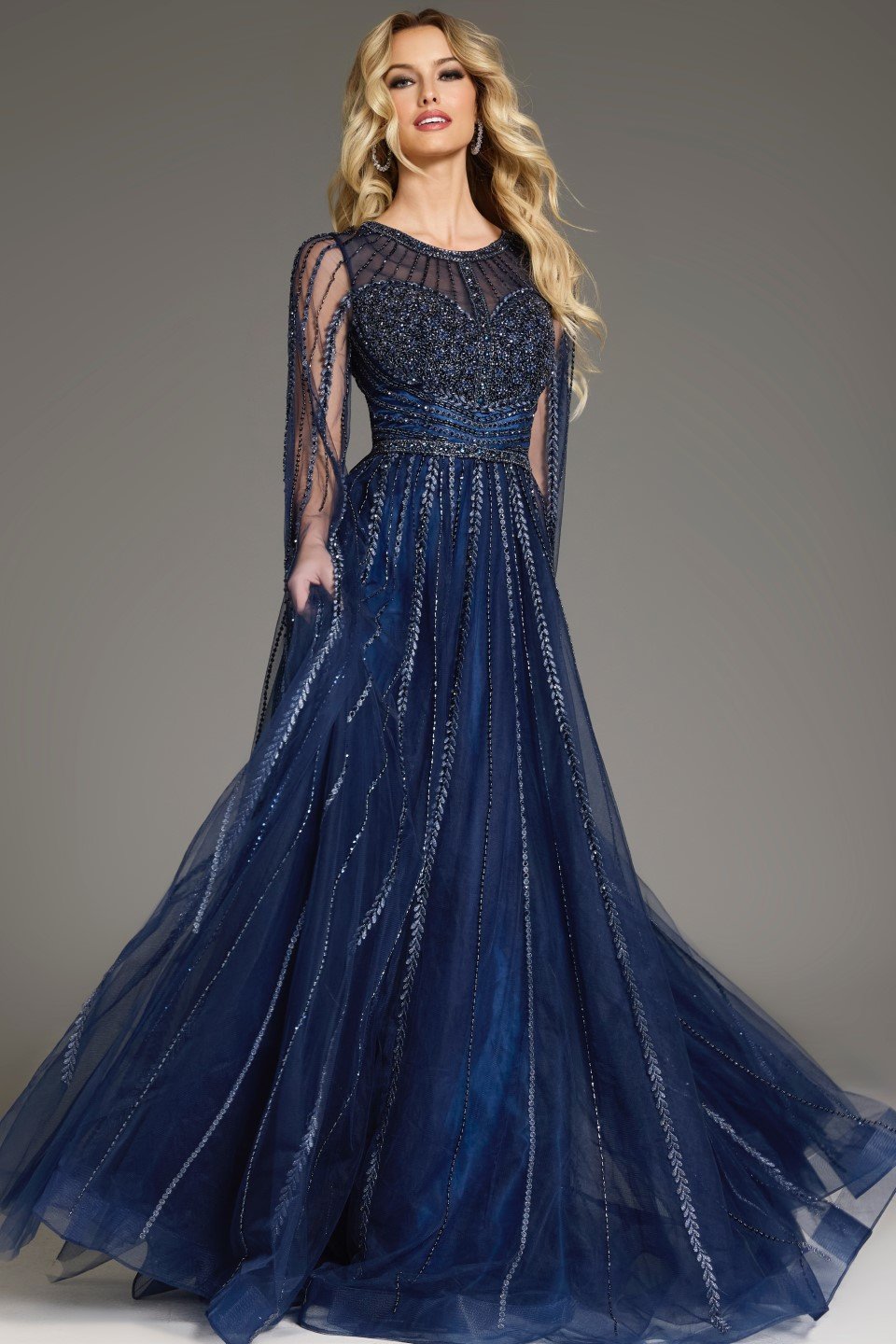 Jovani -40629 Flowing A-Line Evening Gown with Beaded Sheer Cape Sleeves