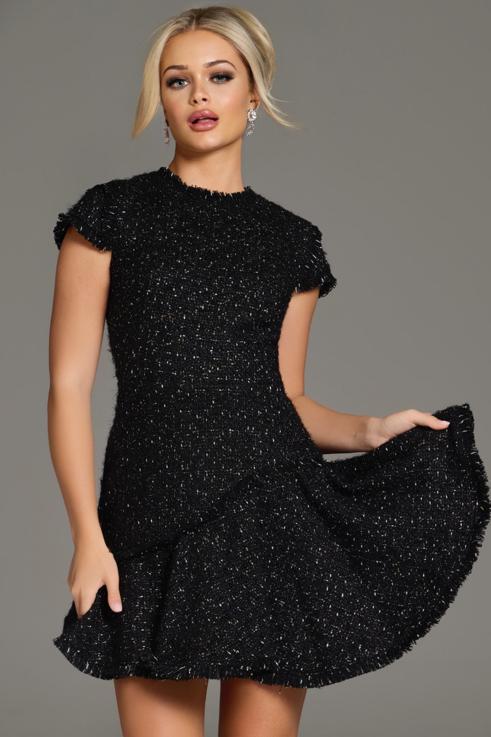 Jovani -40659 Cap Sleeve A-Line Tweed Contemporary Dress with Frayed Edges