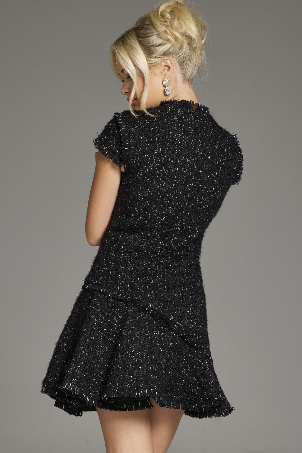 Jovani -40659 Cap Sleeve A-Line Tweed Contemporary Dress with Frayed Edges