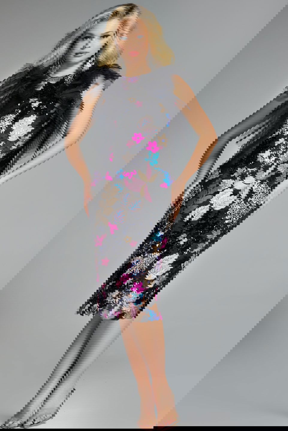 Jovani -40683 Ruffled Shoulder Floral Embellished Dress