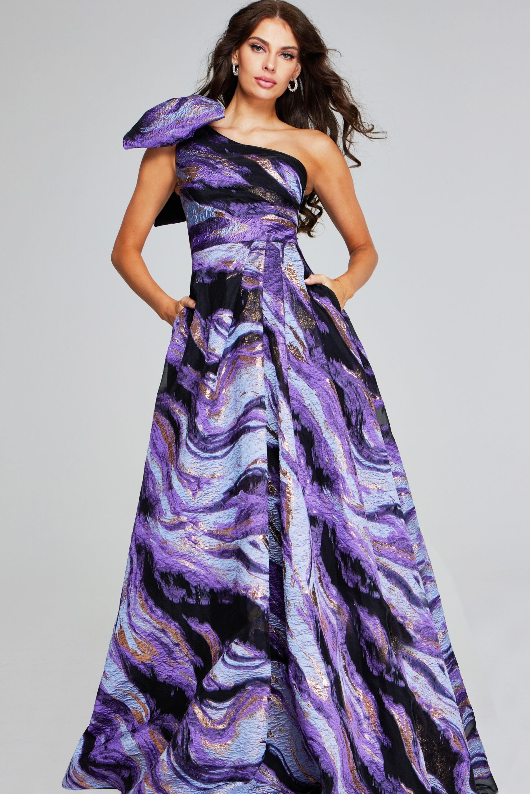 Jovani -40695B Vibrant Purple Multi-Print One-Shoulder Evening Gown with Bow Detail