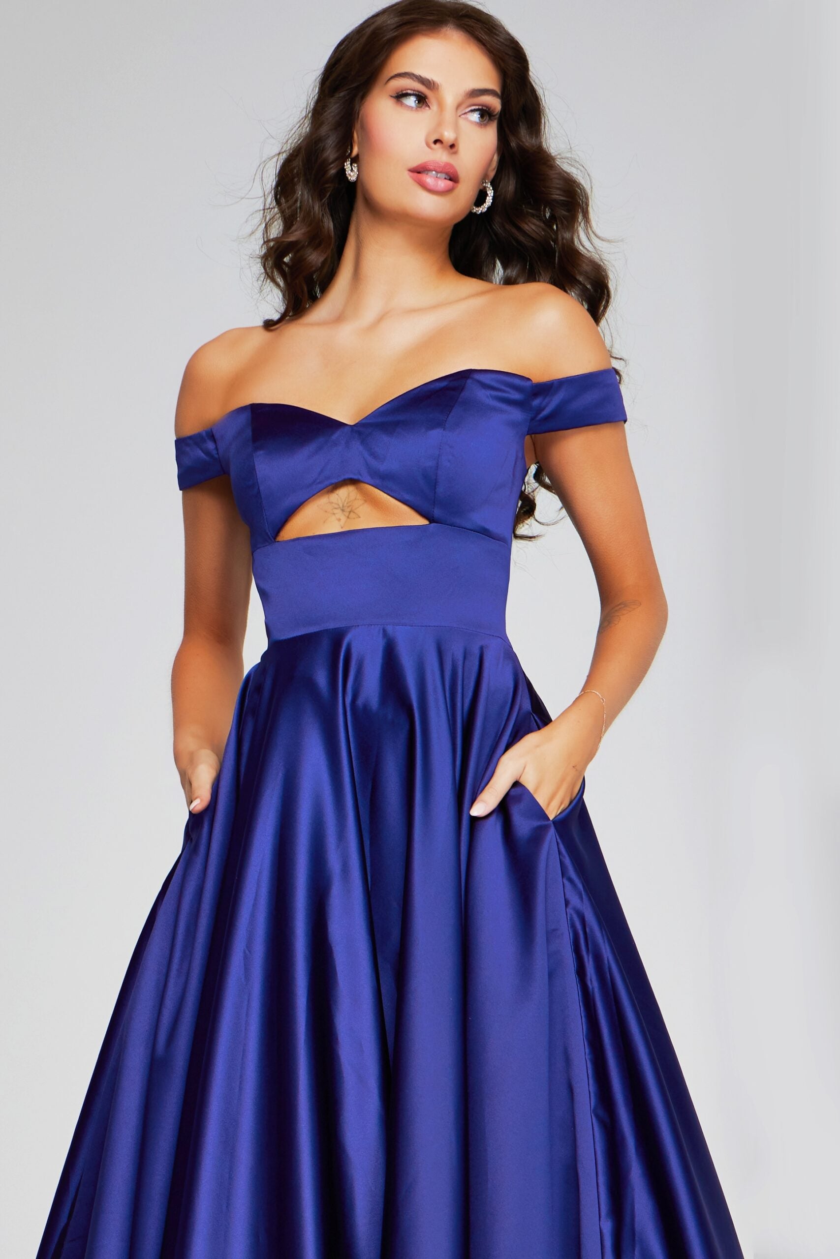 Jovani -40787 Stunning Dark Purple Off-Shoulder Evening Gown with Cutout Detail