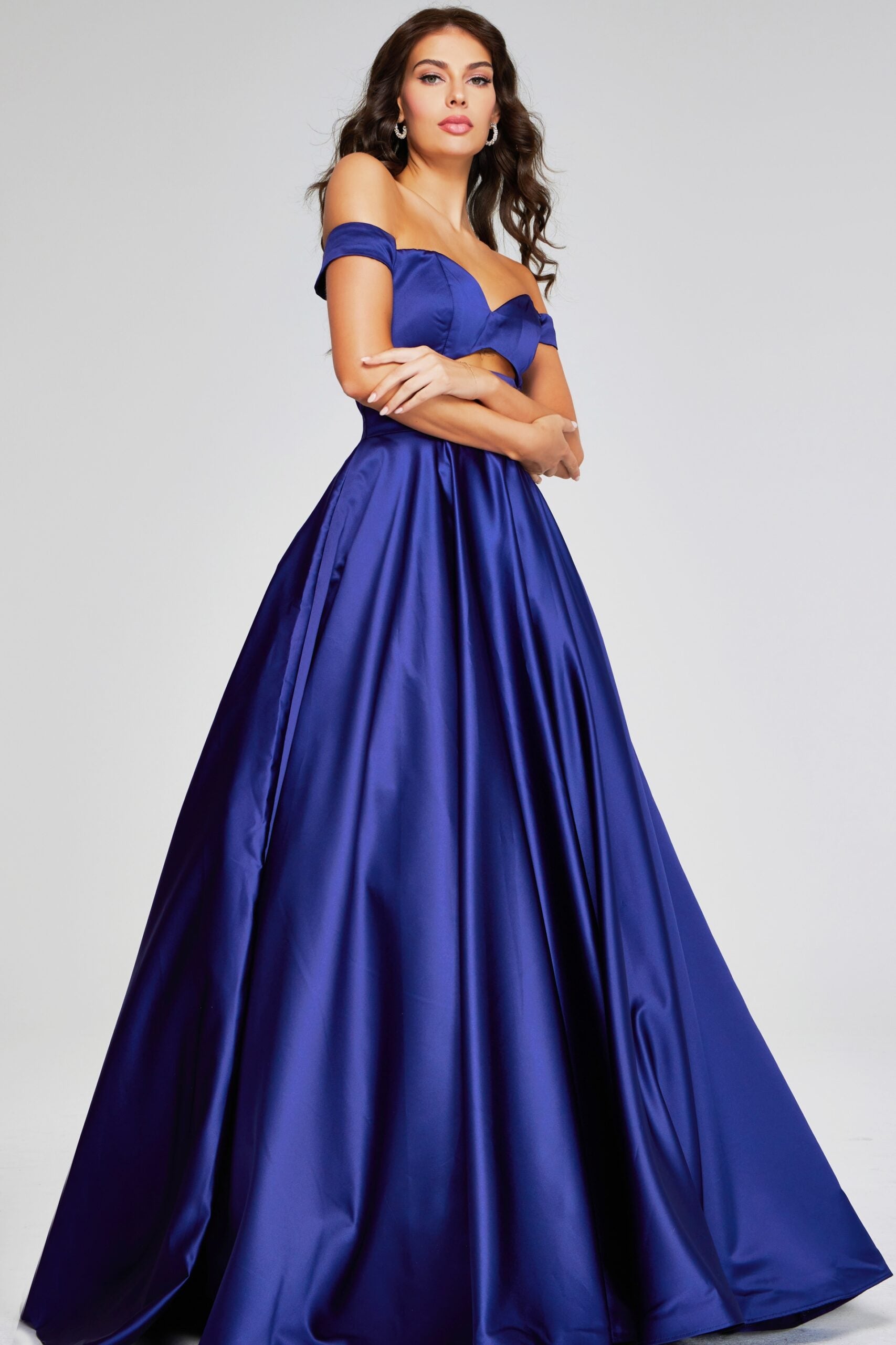 Jovani -40787 Stunning Dark Purple Off-Shoulder Evening Gown with Cutout Detail