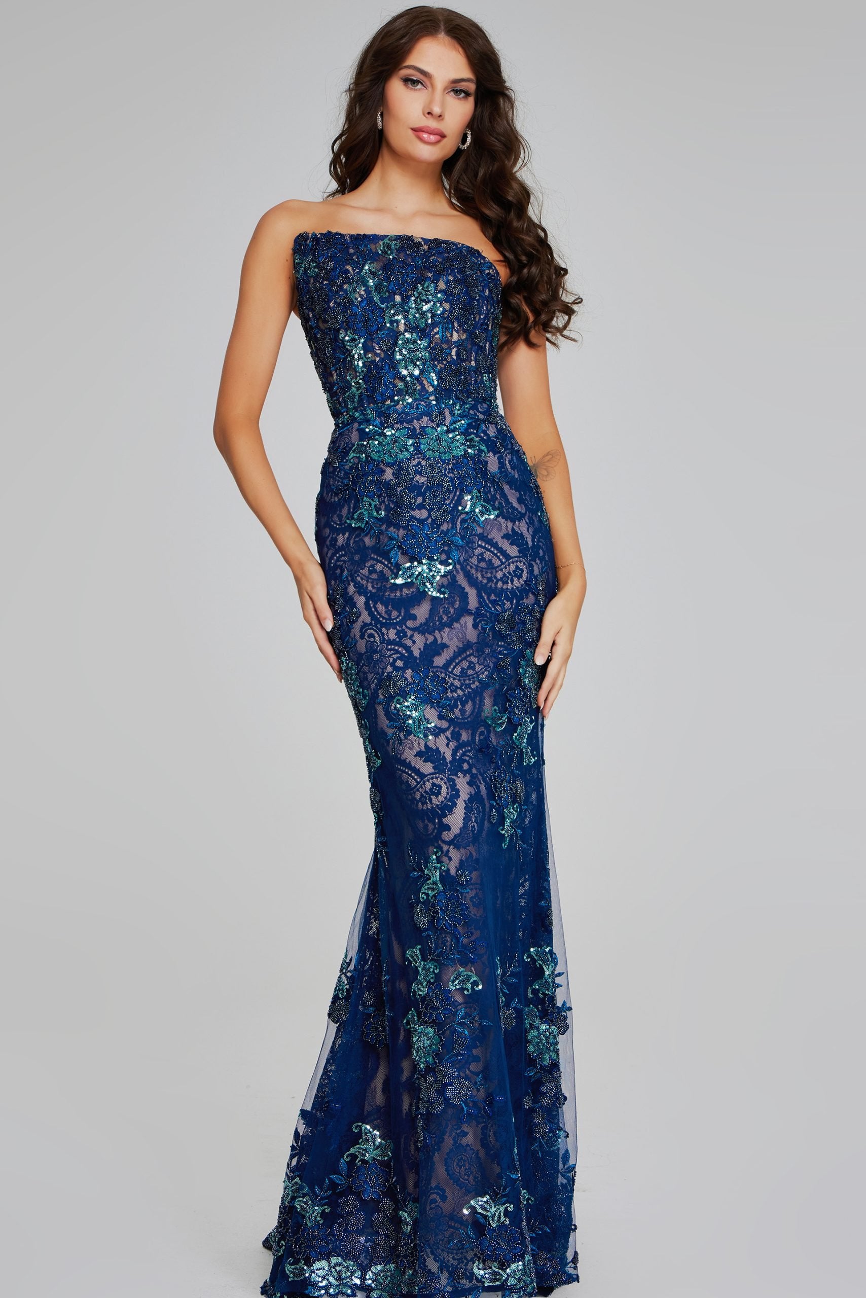Jovani -40847B Elegant Navy Strapless Lace Evening Gown