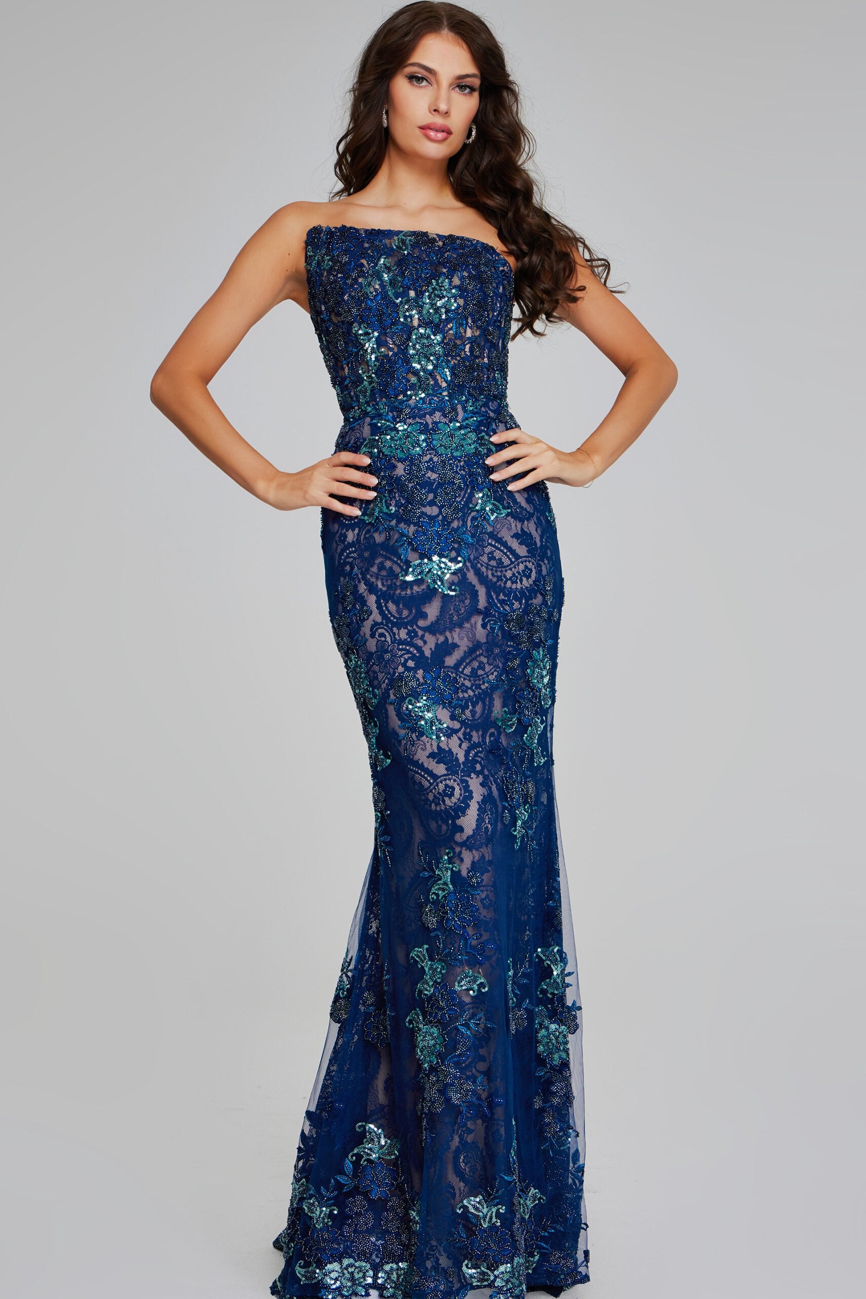 Jovani -40847B Elegant Navy Strapless Lace Evening Gown