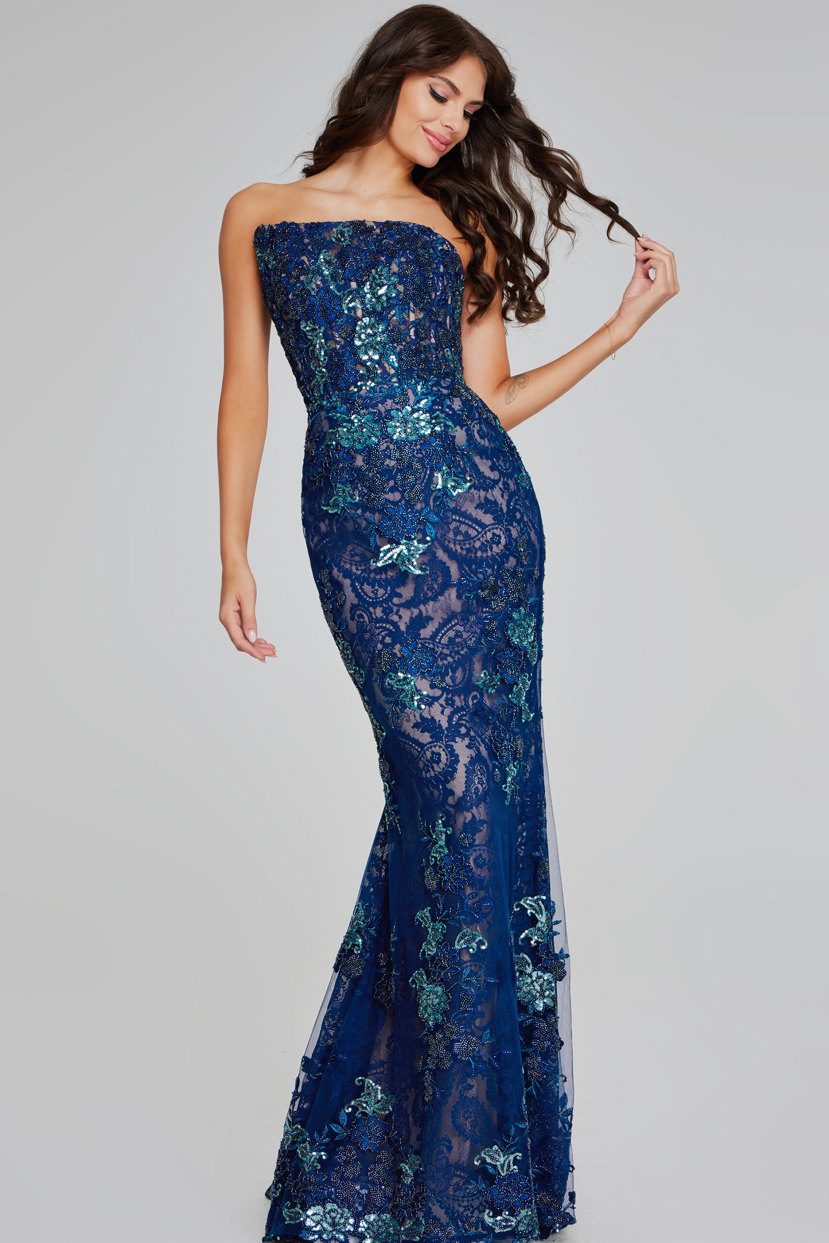 Jovani -40847B Elegant Navy Strapless Lace Evening Gown