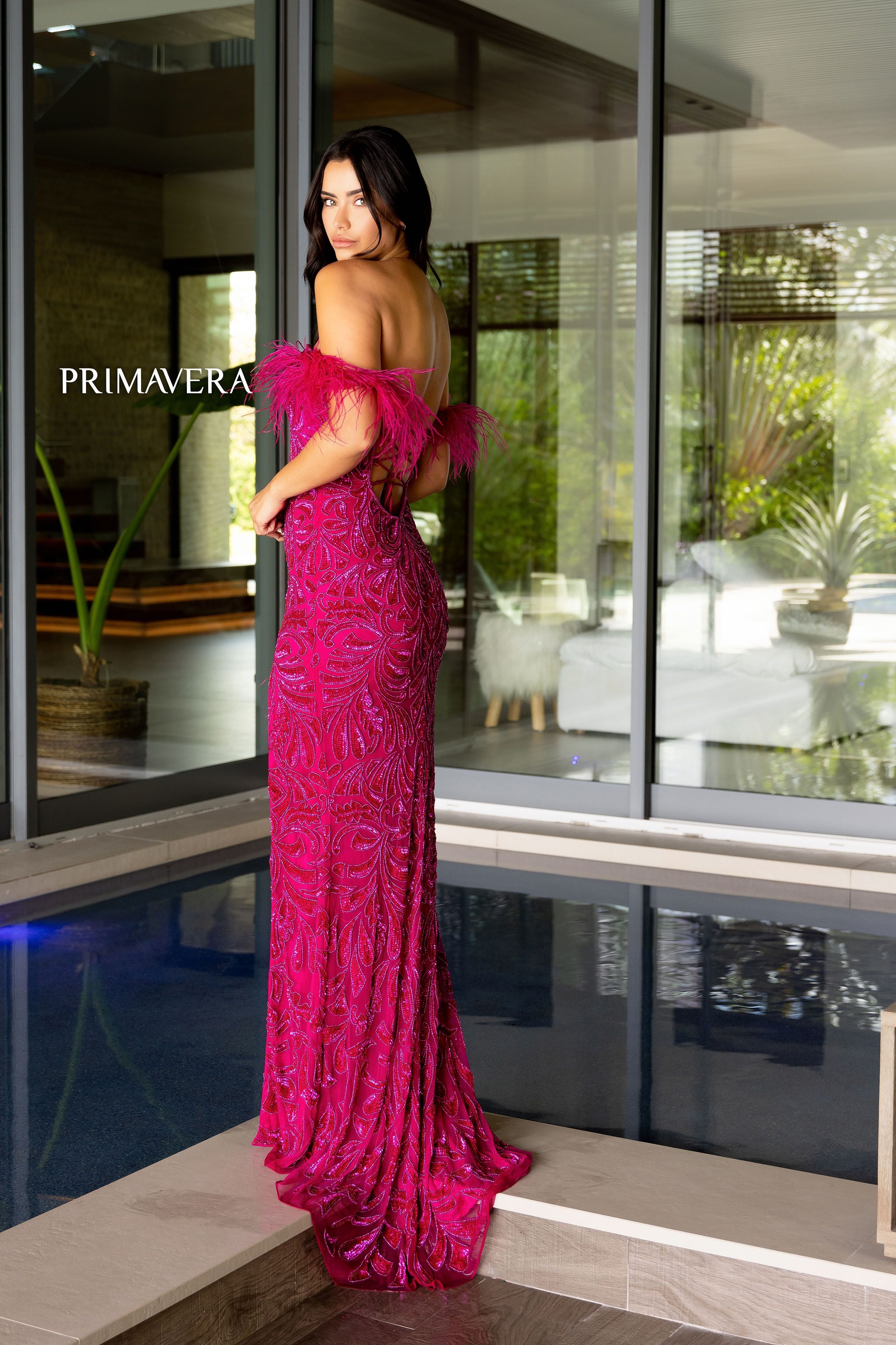 Primavera Couture -4105 Off Shoulder Feather Sleeve Sequin Prom Dress