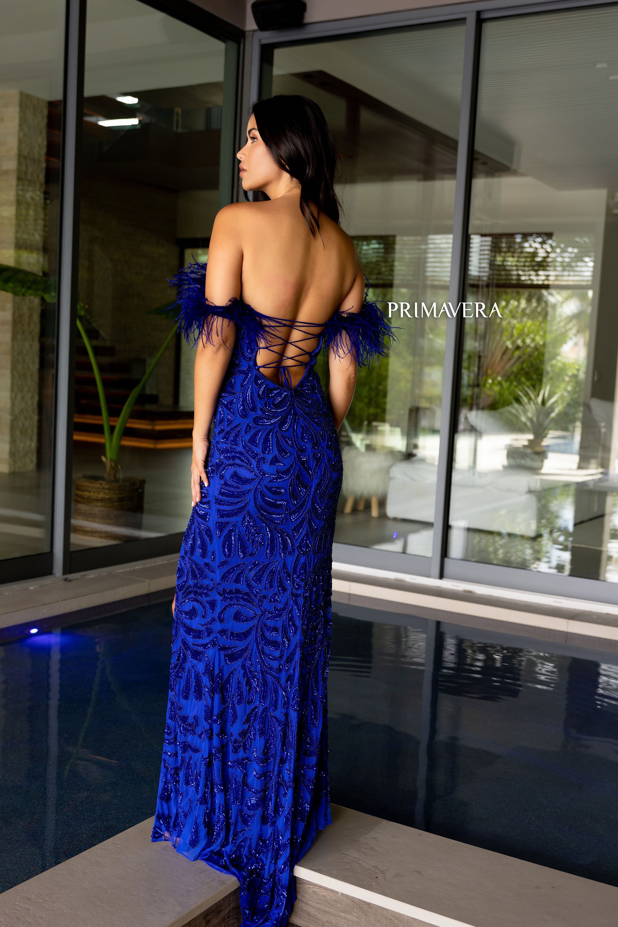 Primavera Couture -4105 Off Shoulder Feather Sleeve Sequin Prom Dress