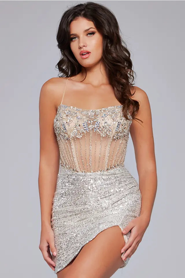 Jovani -41090 Sheer Bodice Embellished Short Dress
