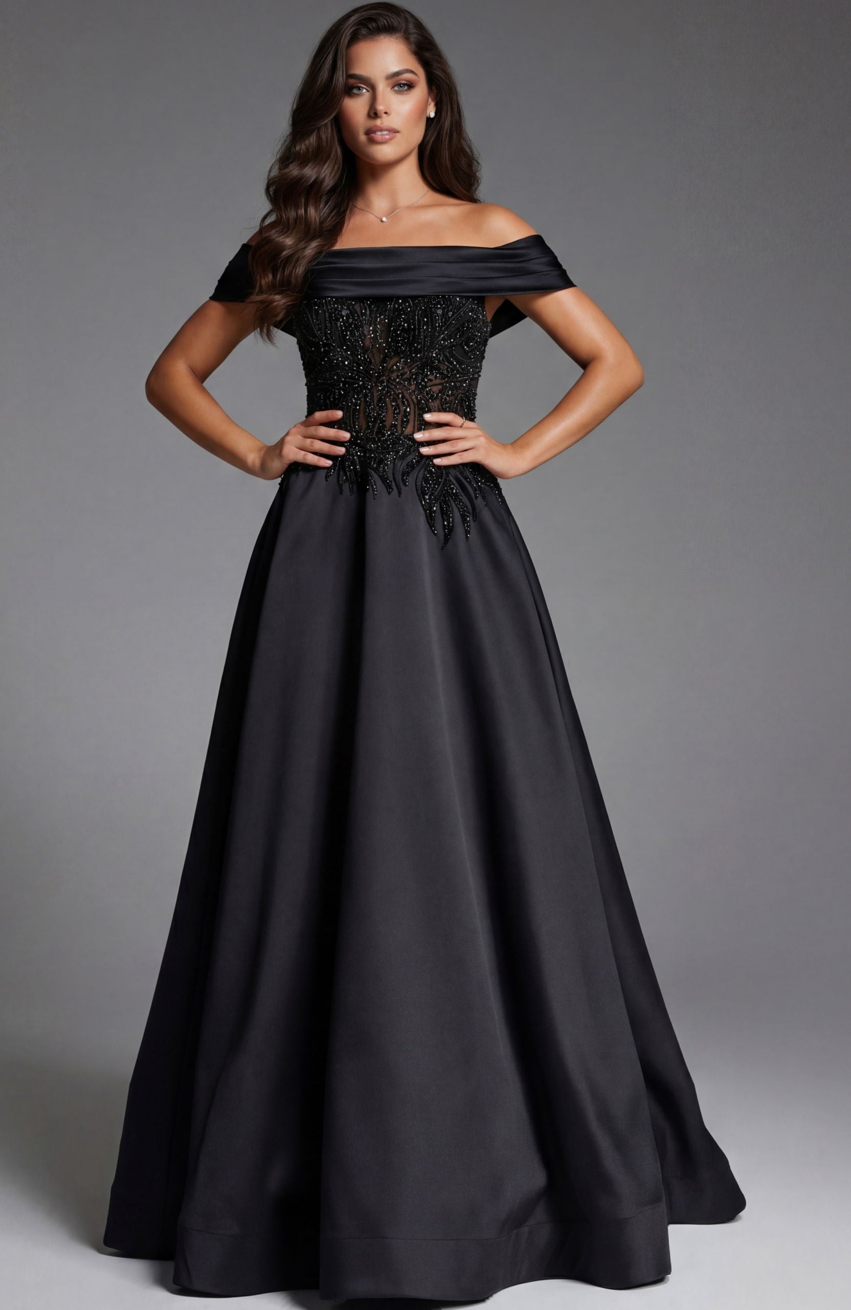 Jovani -41198 Beaded Off Shoulder A-Line Gown