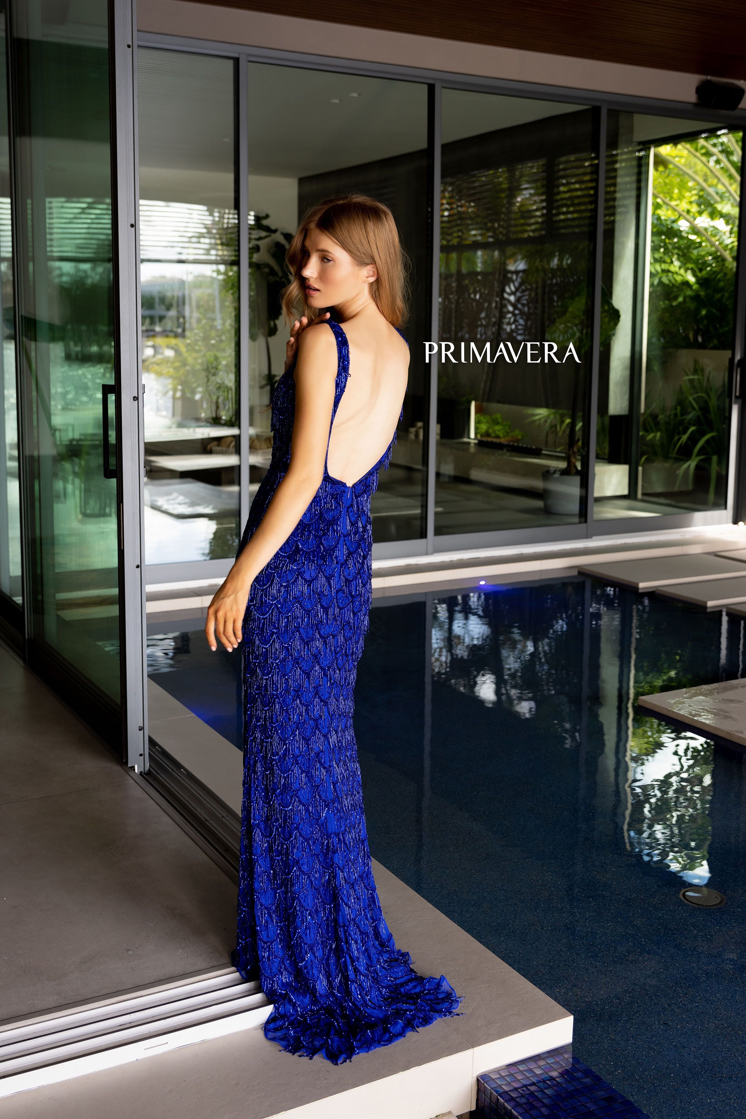 Primavera Couture -4129 V-Neck Fringes Sequin Prom Dress