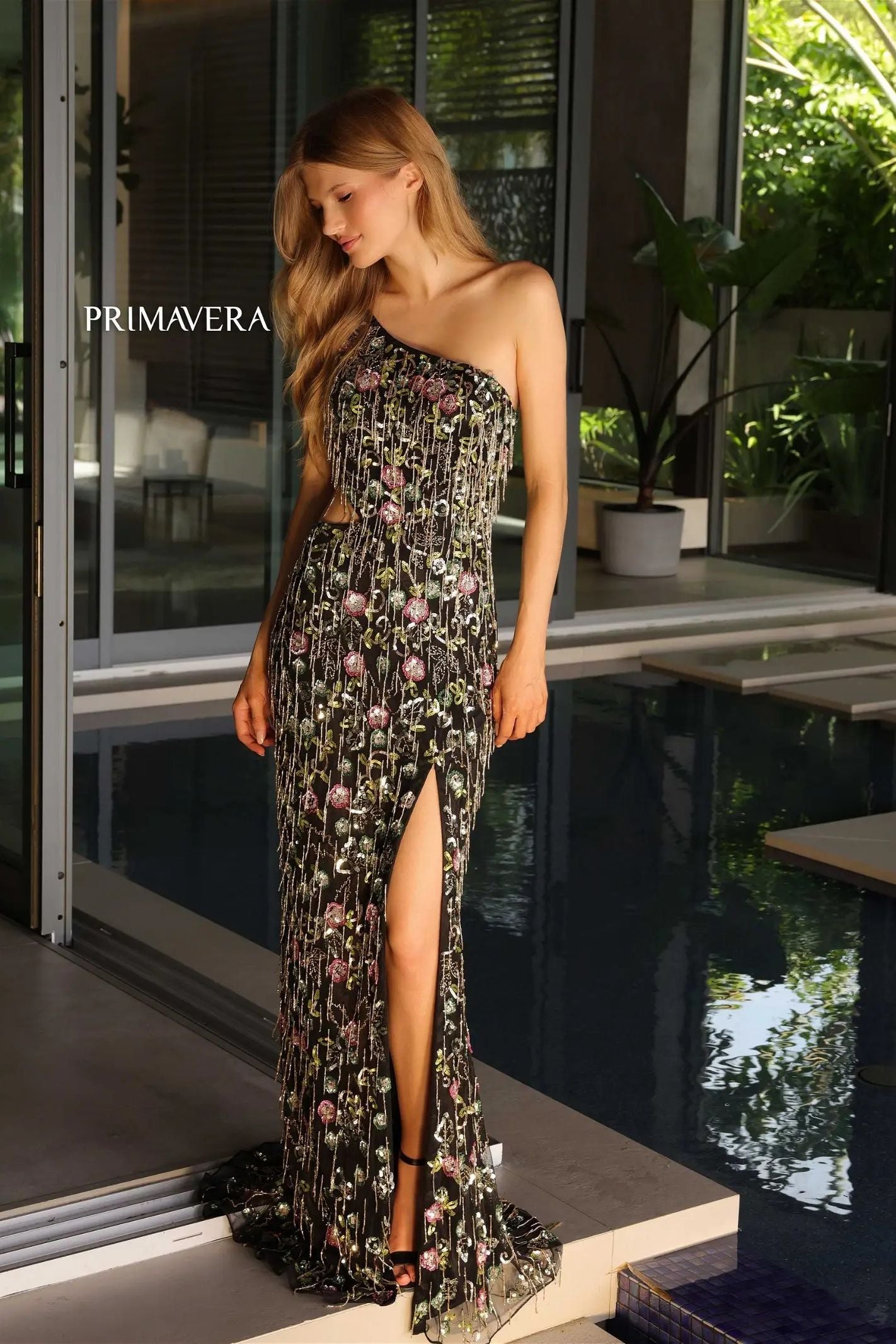 Primavera Couture -4131 One Shoulder Beaded Floral Fringe Prom Dress