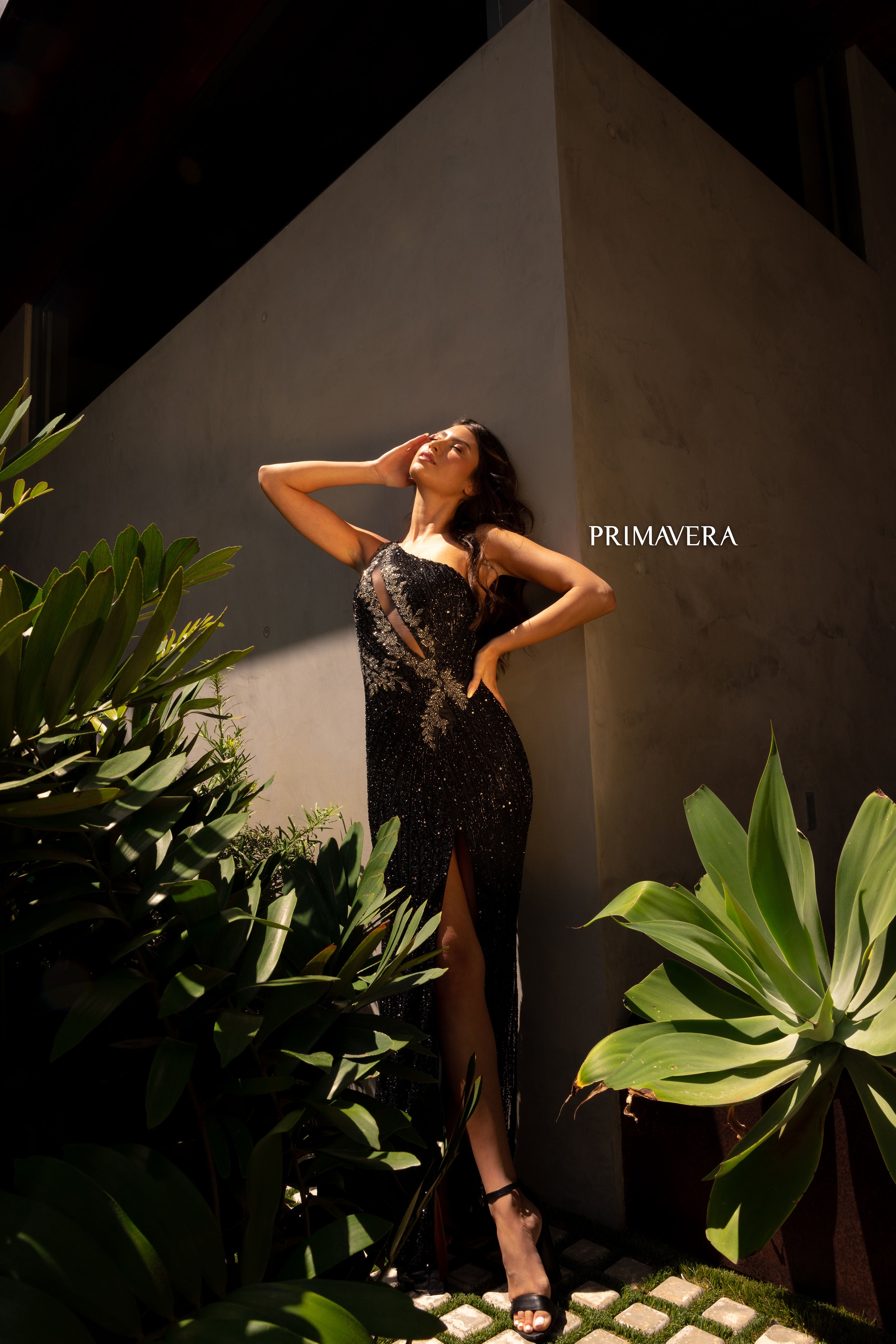 Primavera Couture -4144 Asymmetrical Embellished Sheath Prom Dress