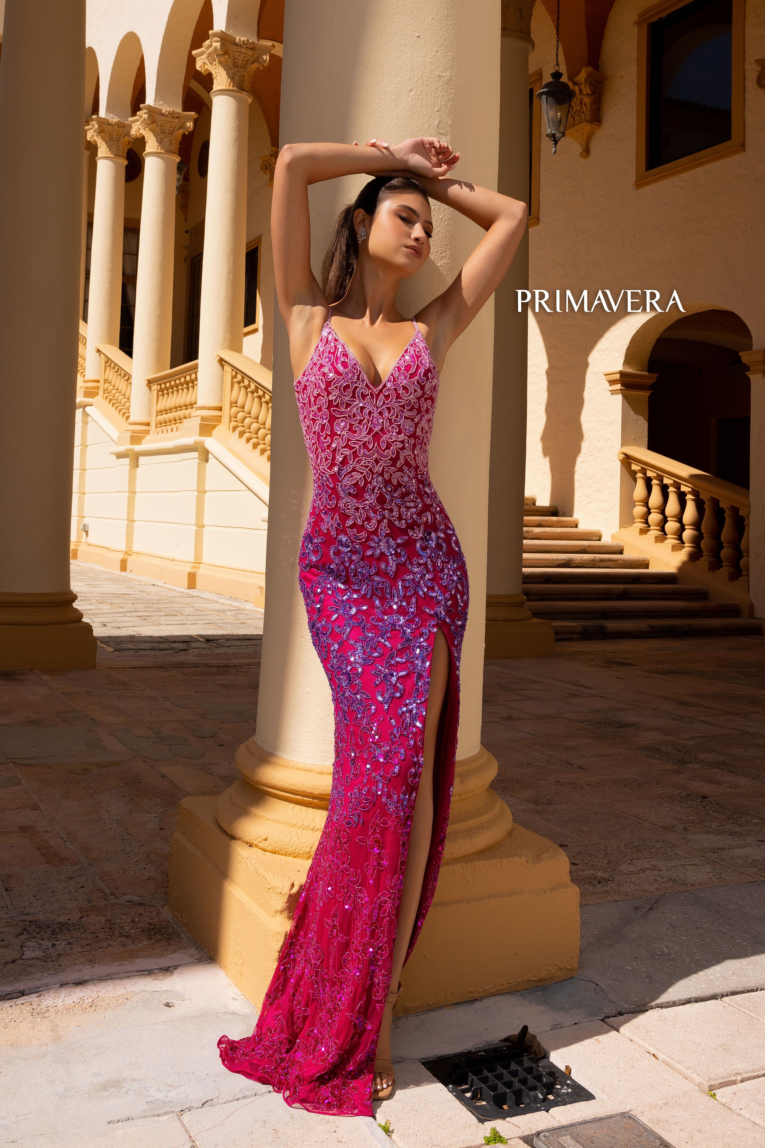 Primavera Couture -4150 V-Neck Sequined Prom Dress