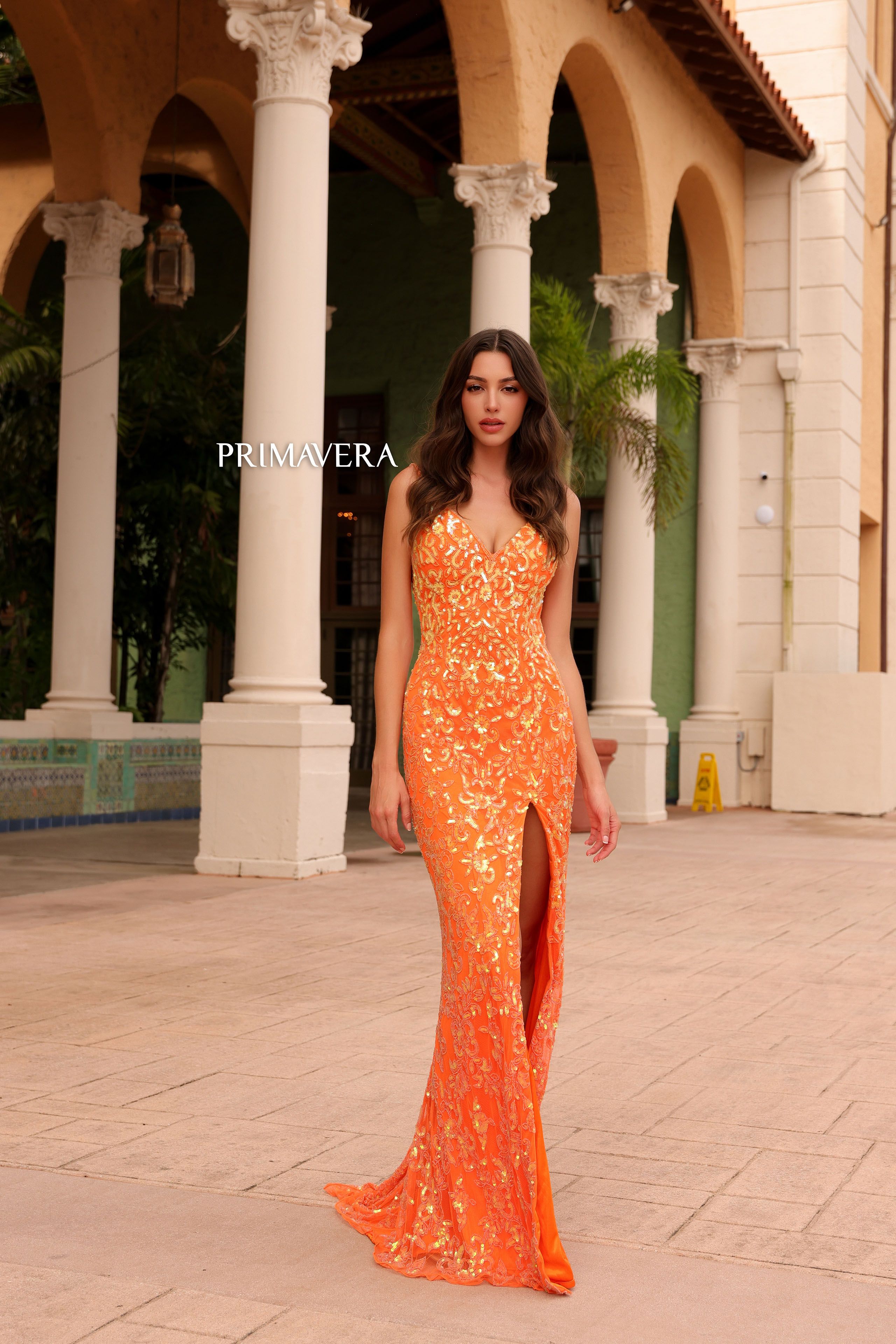 Primavera Couture -4150 V-Neck Sequined Prom Dress
