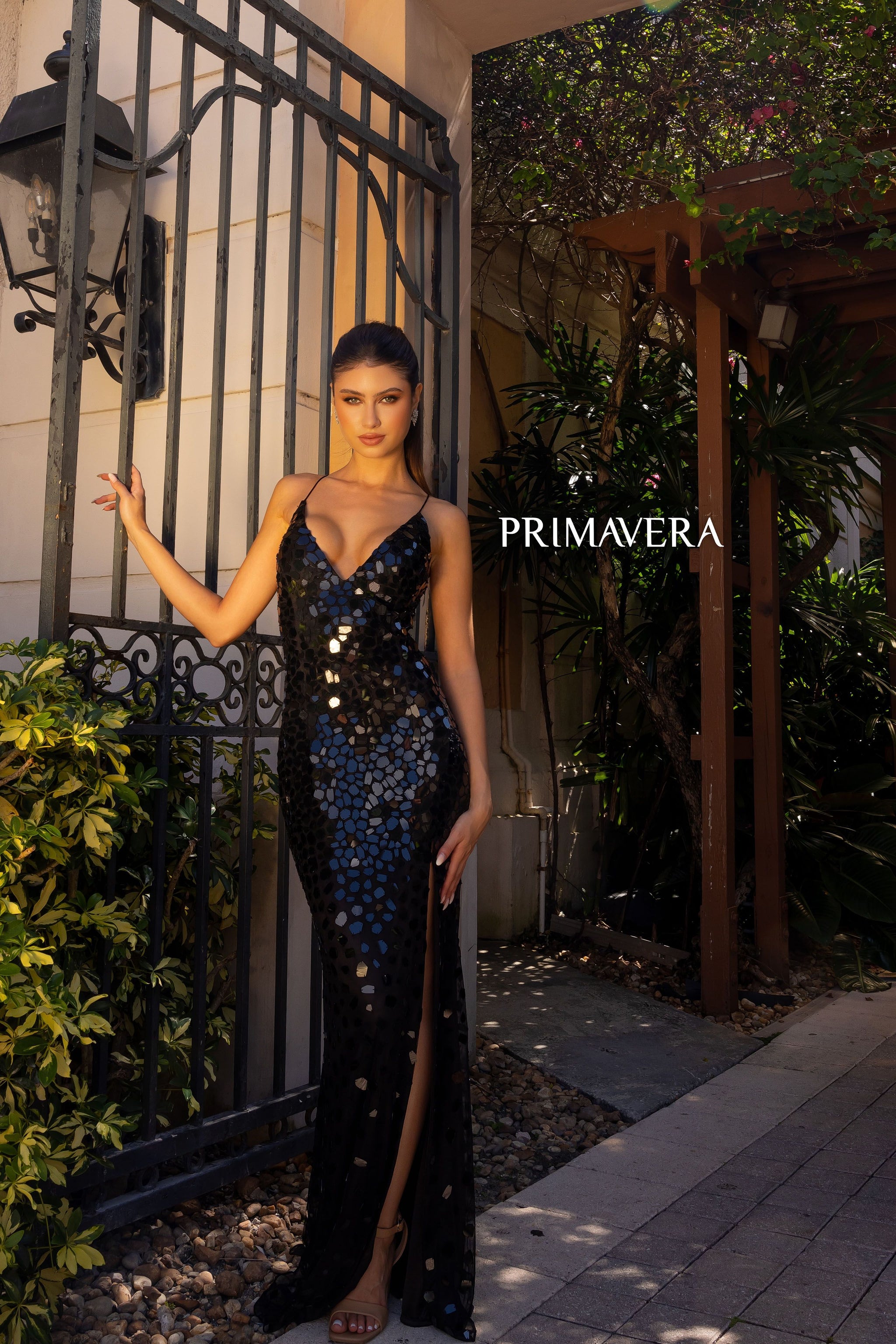 Primavera Couture -4151 Cut Glass Beads V-Neck Prom Dress 14 / Gold