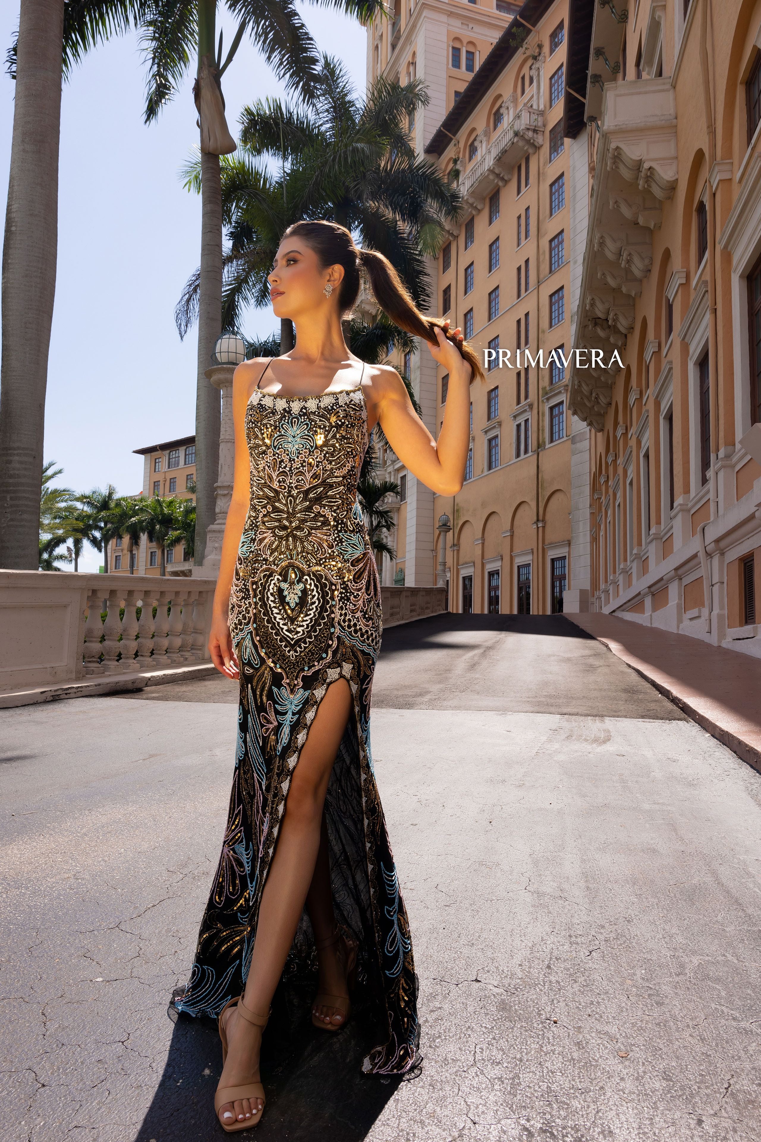 Primavera Couture -4156 Sequin Embellished Scoop Neck Prom Dress
