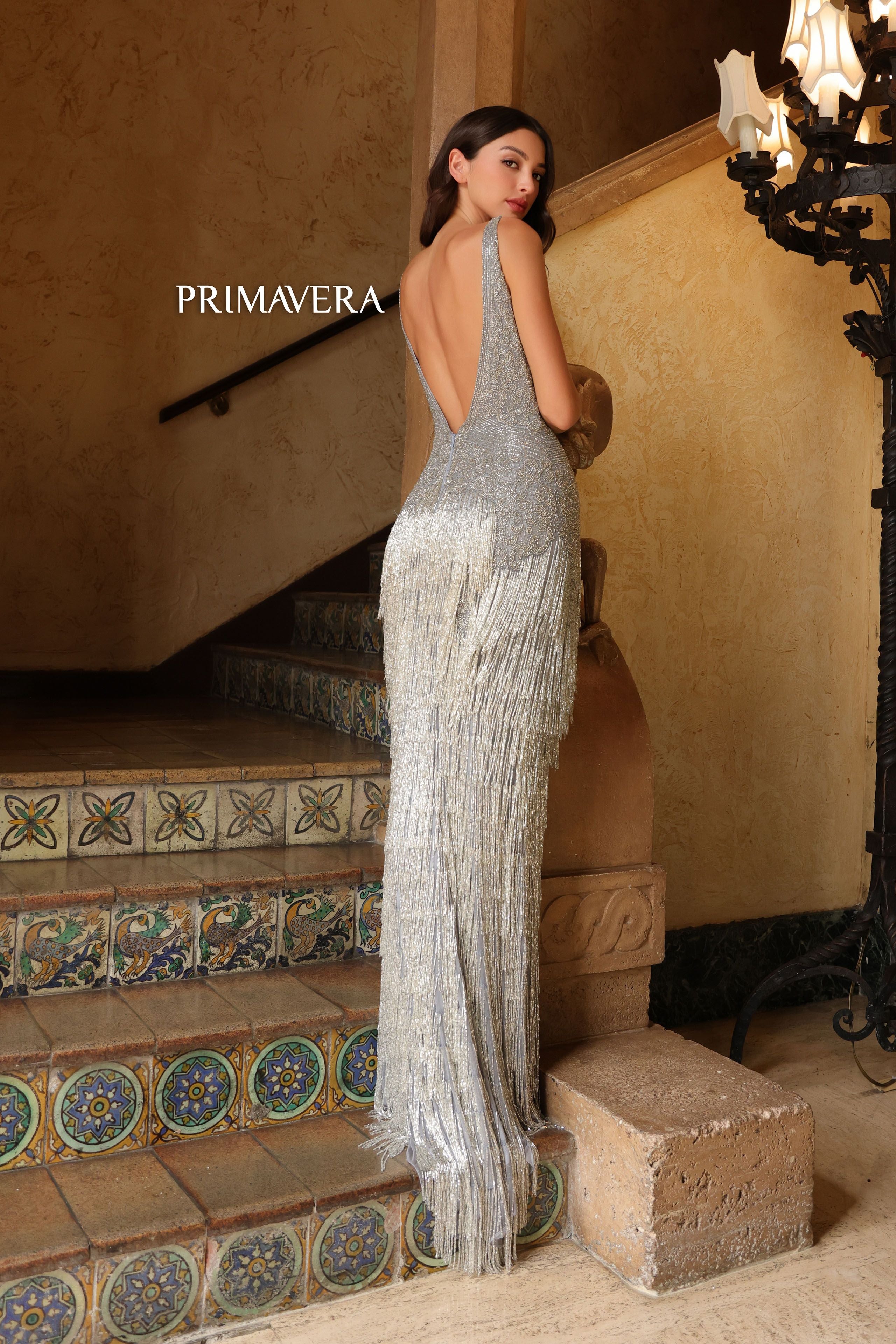 Primavera Couture -4165 V-Neck Fringes Sequin Prom Dress