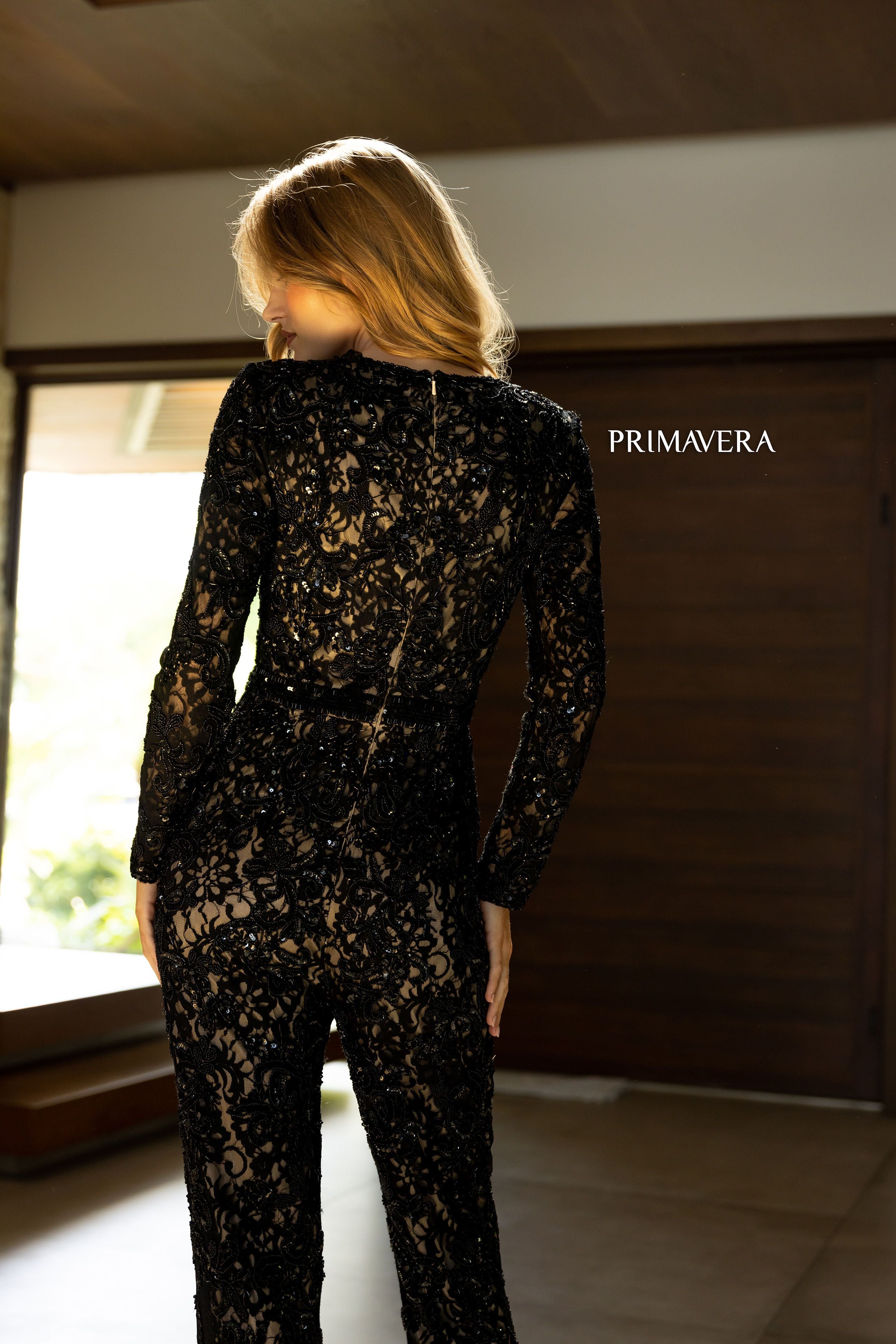 Primavera Couture -4173 One Shoulder Sequined Jumpsuit Dress