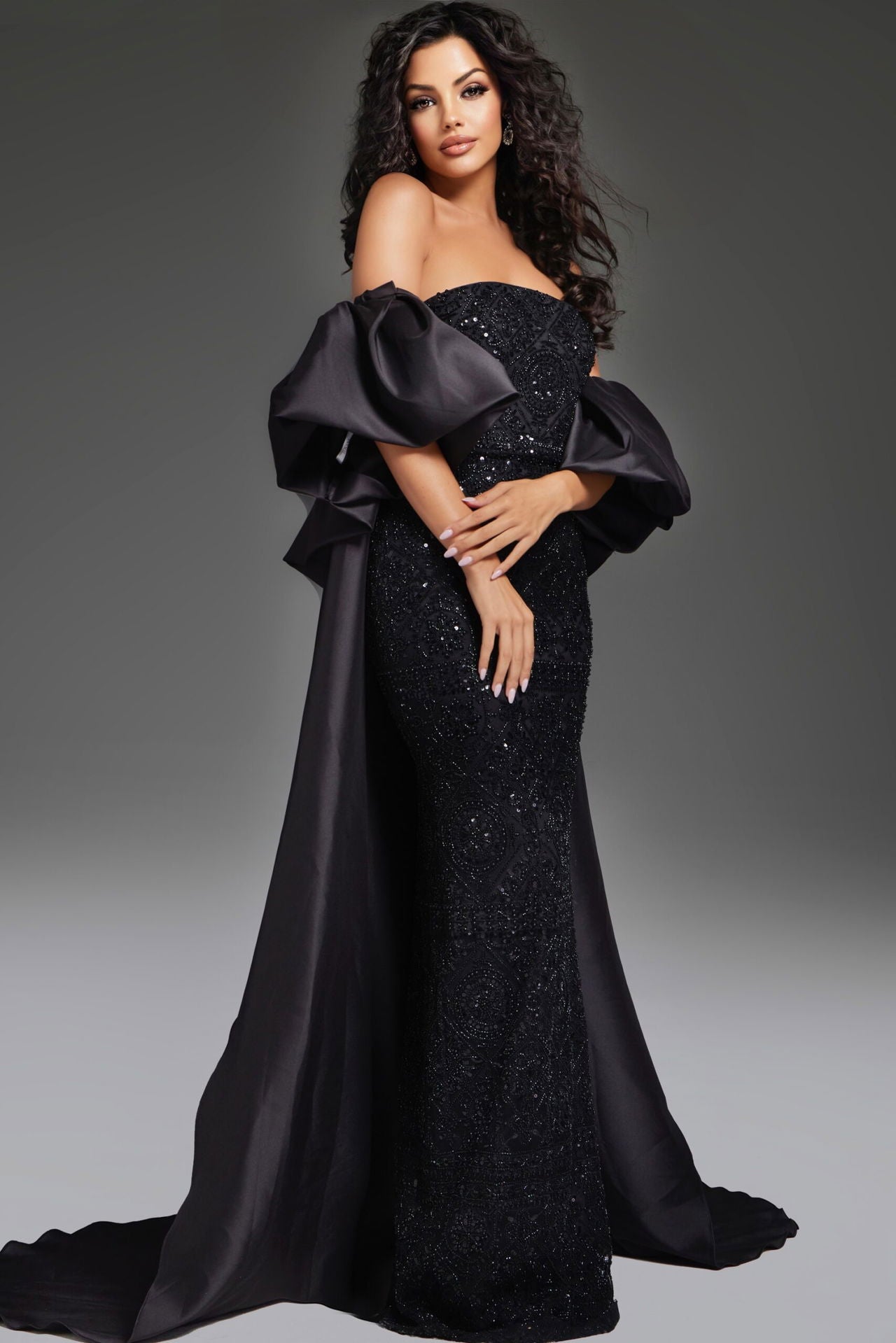 Jovani -42137B Strapless Satin Beaded Drape Gown