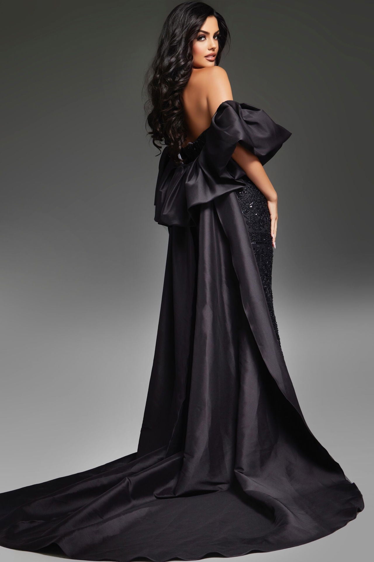 Jovani -42137B Strapless Satin Beaded Drape Gown