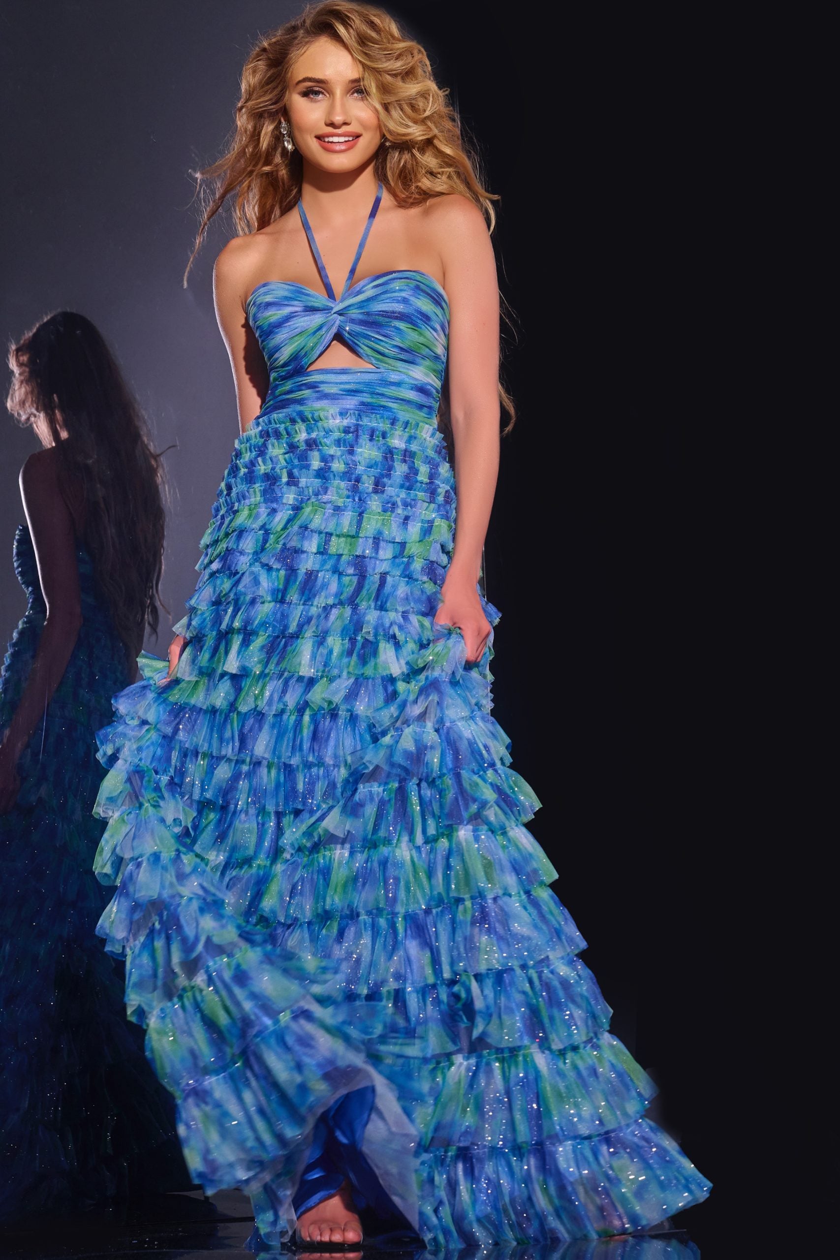 Jovani -42182 Ruffled Ball Prom Gown with Halter Neck