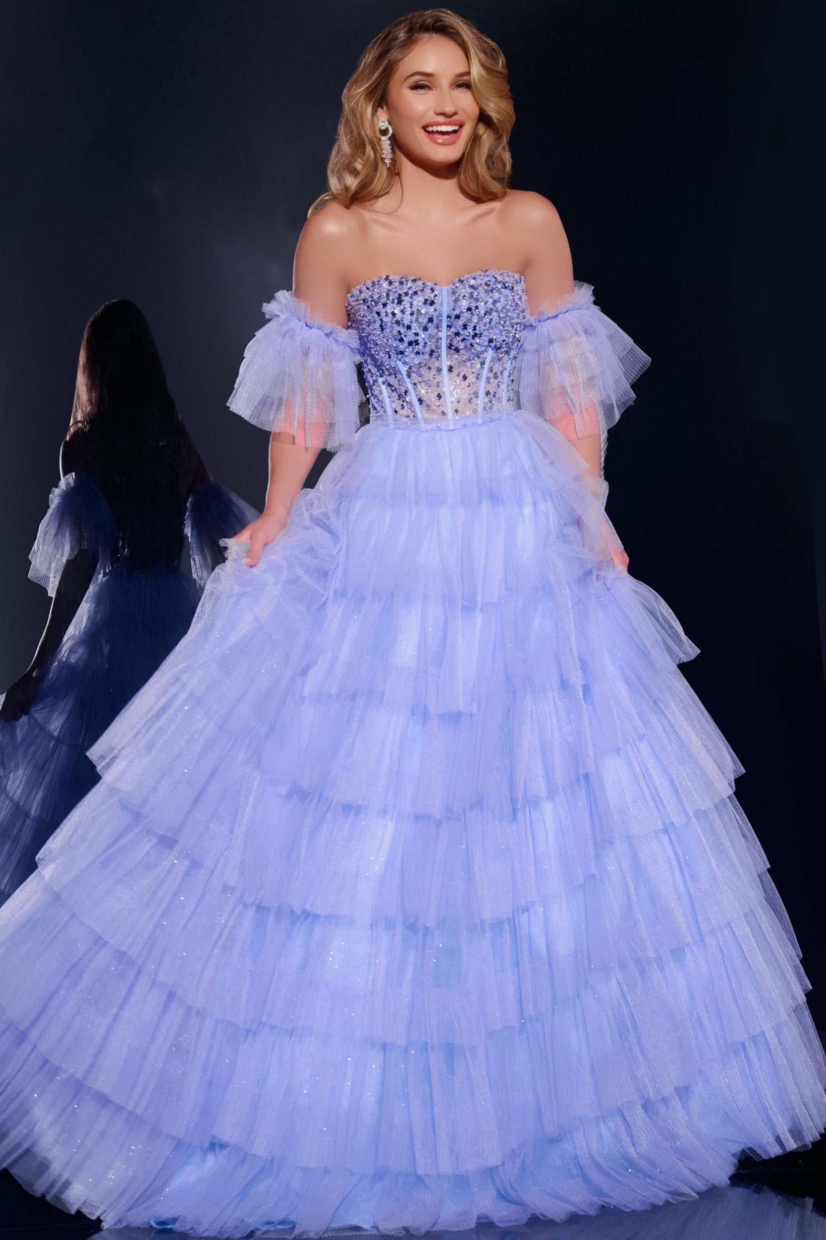 Jovani -42249B Tiered Tulle Ball Gown With Beaded Corset Bodice