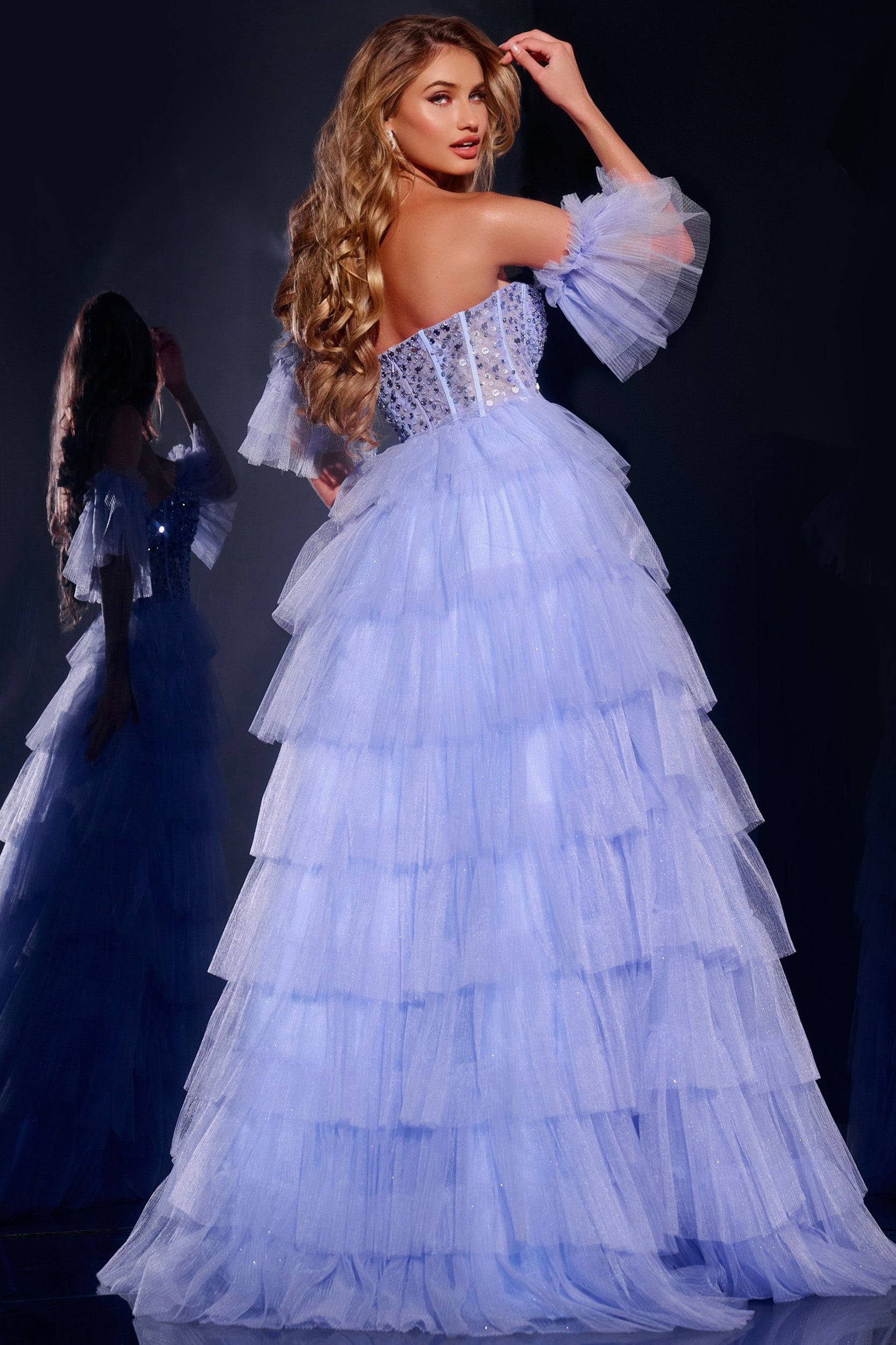 Jovani -42249B Tiered Tulle Ball Gown With Beaded Corset Bodice