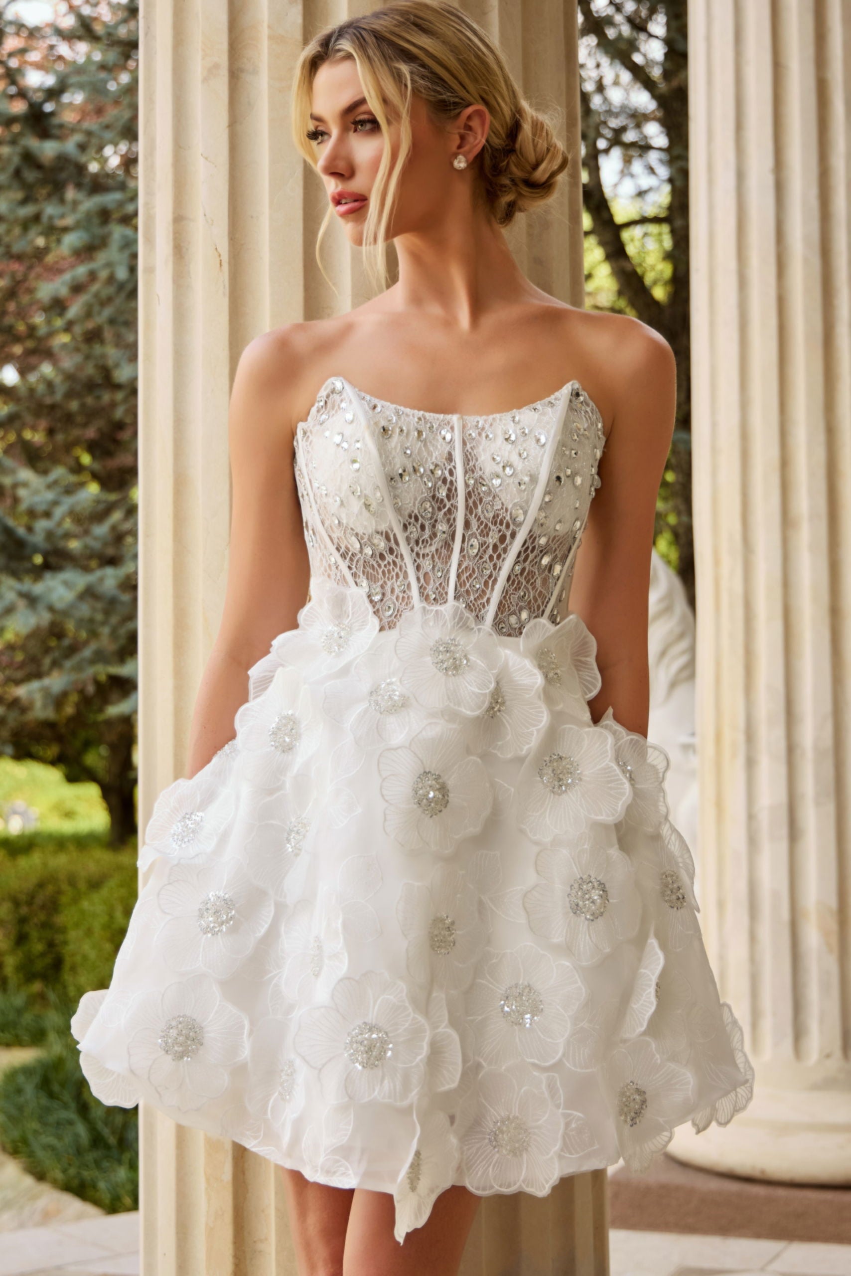 floral applique corset mini dress Posy Floral-Appliqu Corset Mini Dress in White