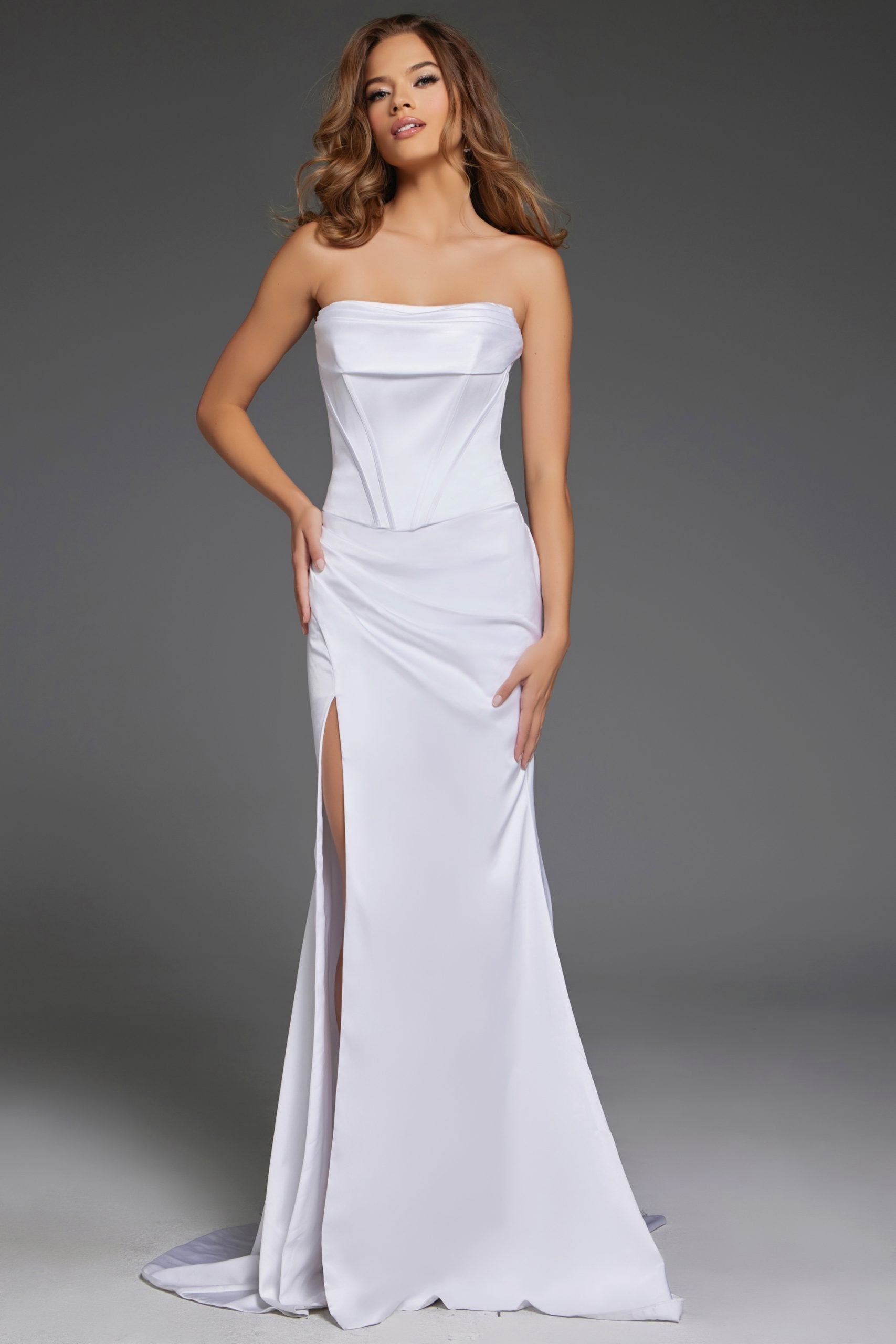 Jovani -42355B Strapless Corset Bodice Gown with High Slit