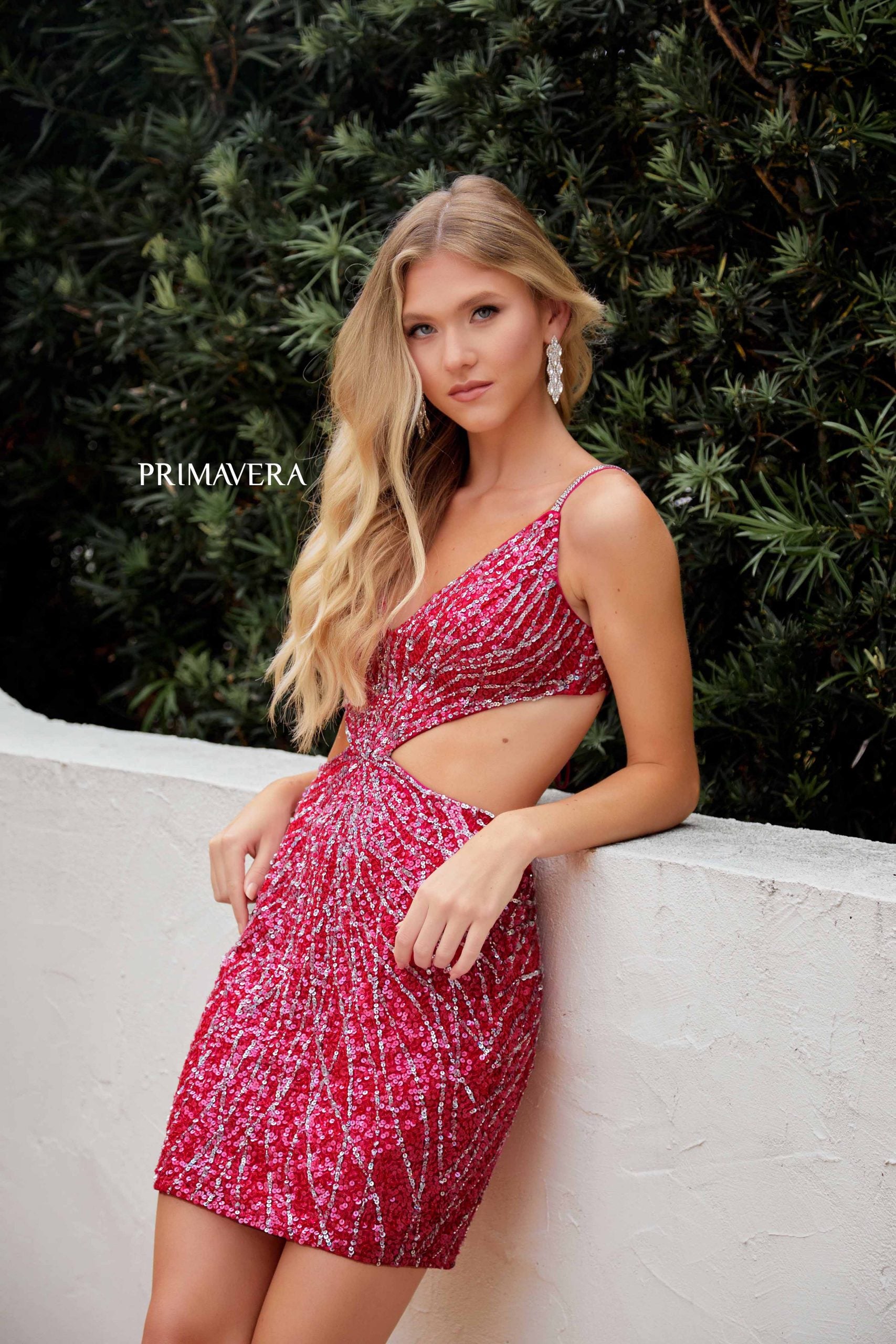 Primavera Couture -4236 V-Neck Embroidered Side Cut Out Short Dress