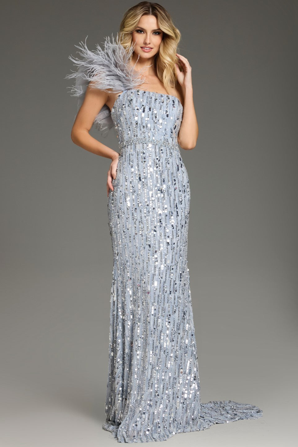Jovani -42426 One-Shoulder Sequined Evening Gown with Feather Trim
