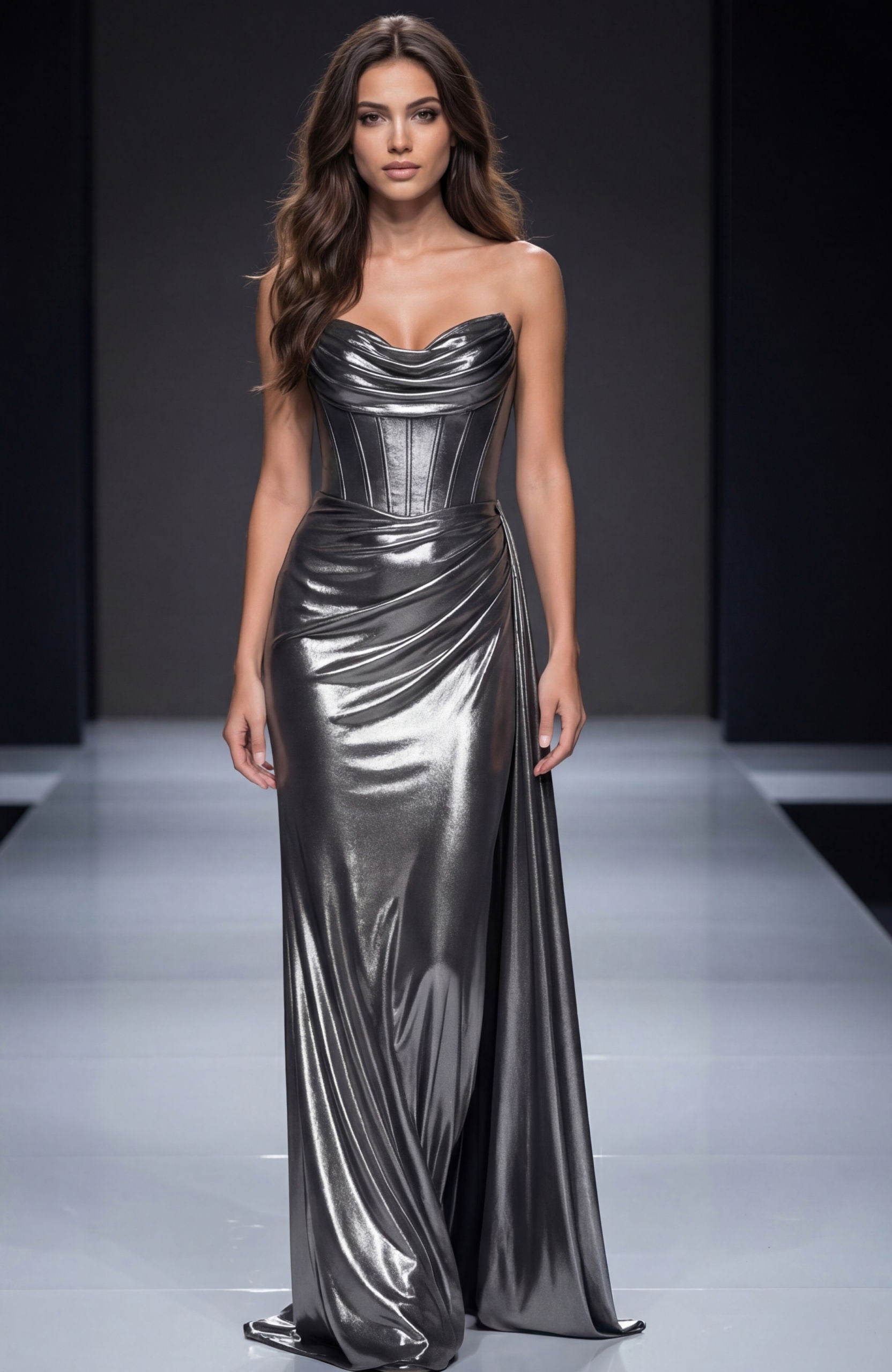 Jovani -42838 Metallic Strapless Cowl Sheath Gown