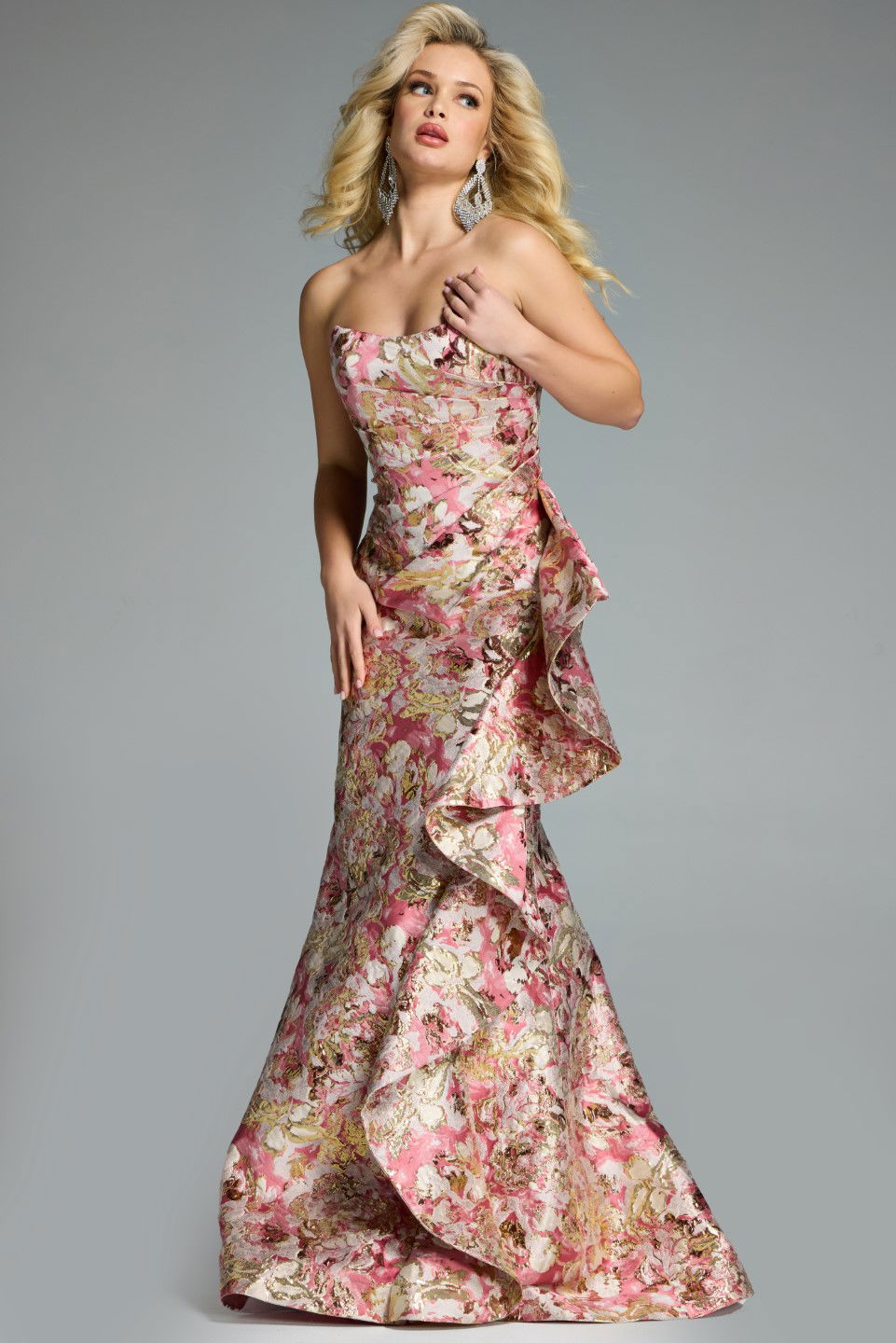 Jovani -42927B Strapless Ruffled Gown with Asymmetric Flare