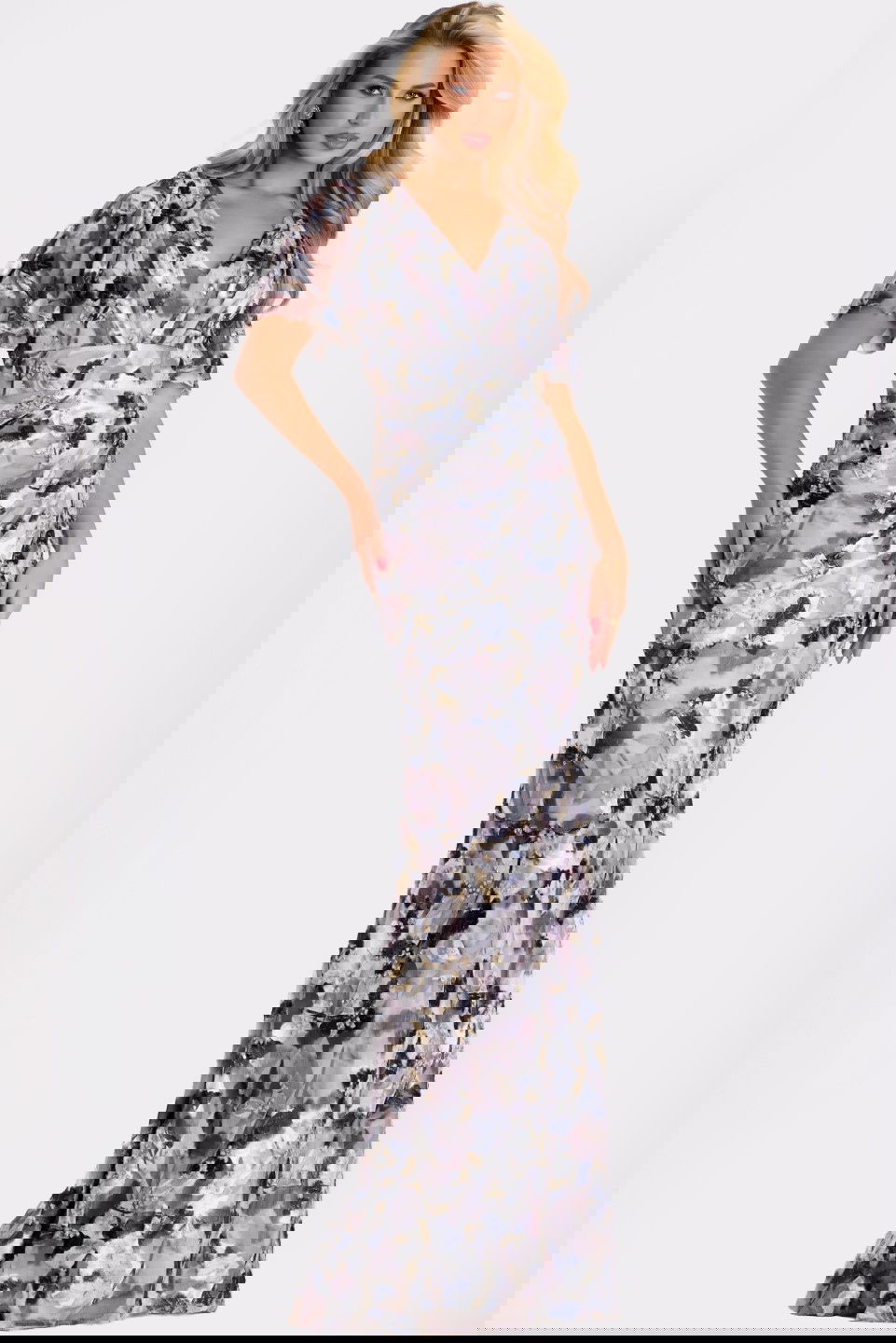 Jovani -43046 Printed Chiffon Flutter Sleeve A-Line Gown