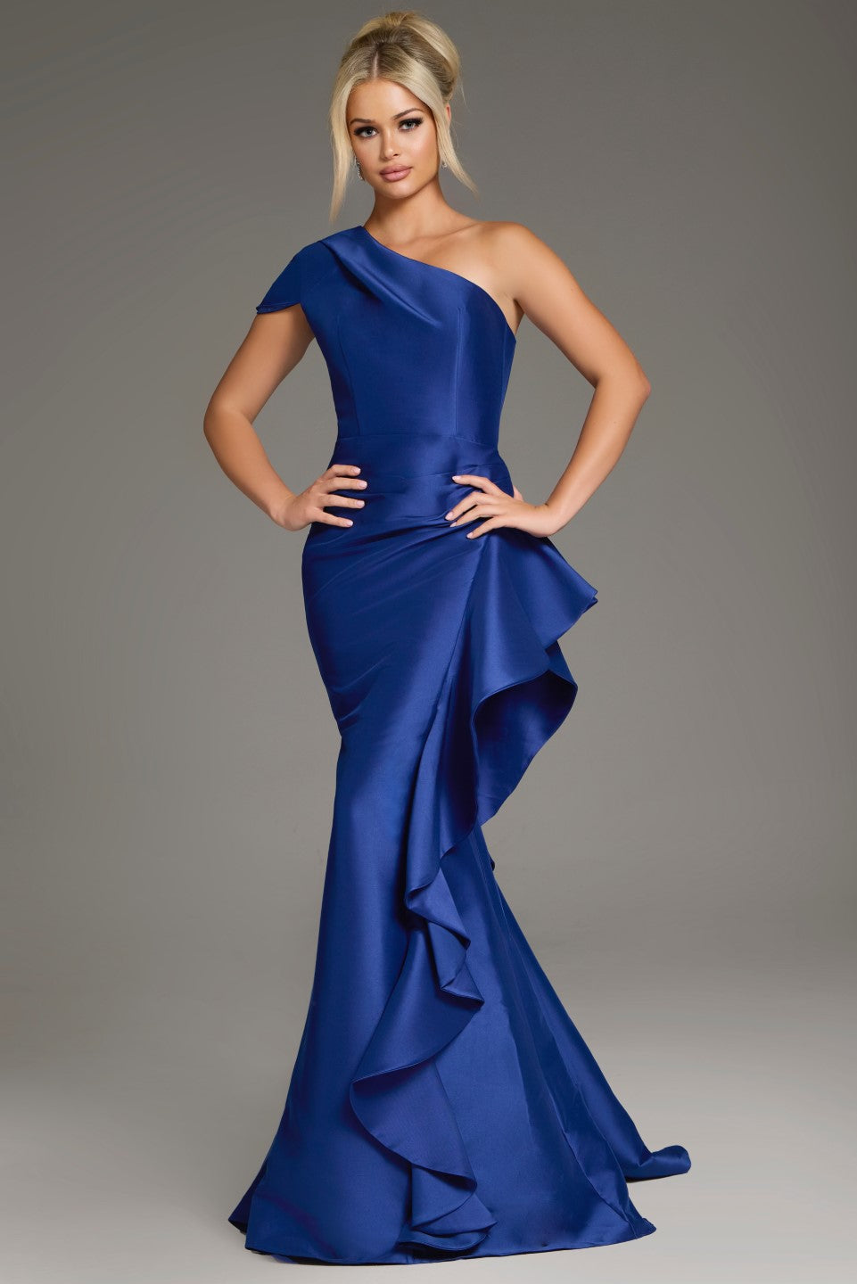 jovani one shoulder ruffle dress Jovani 45501 - Knee-length Satin or Satin-Finish Crepe Sheath Dress