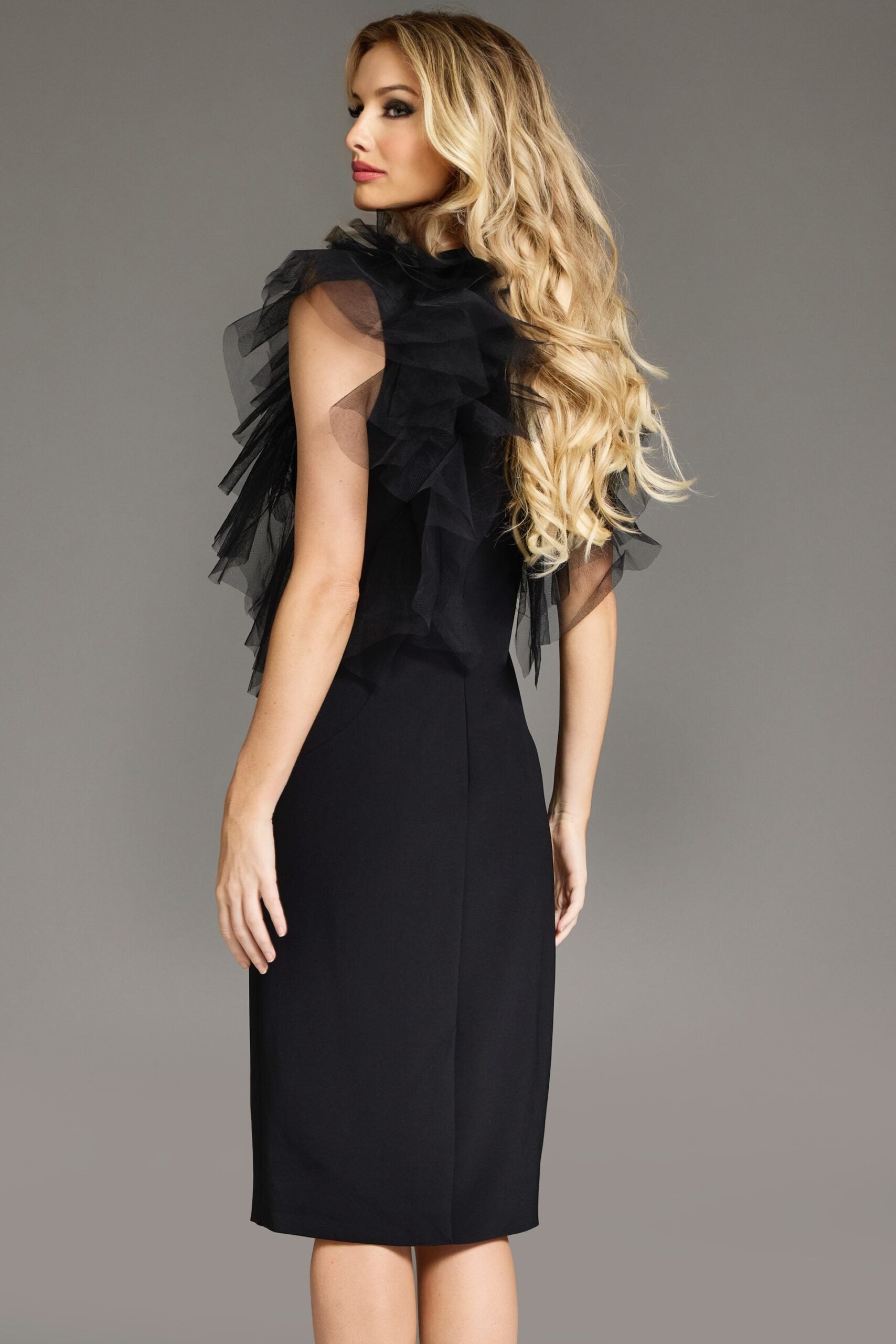 Jovani -43152 Sheath Cocktail Dress with Layered Tulle Shoulders