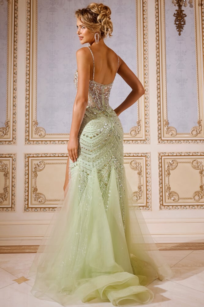 Jovani -43189 Sheer Corset Bodice Prom Gown with High Slit and Beaded Detailing