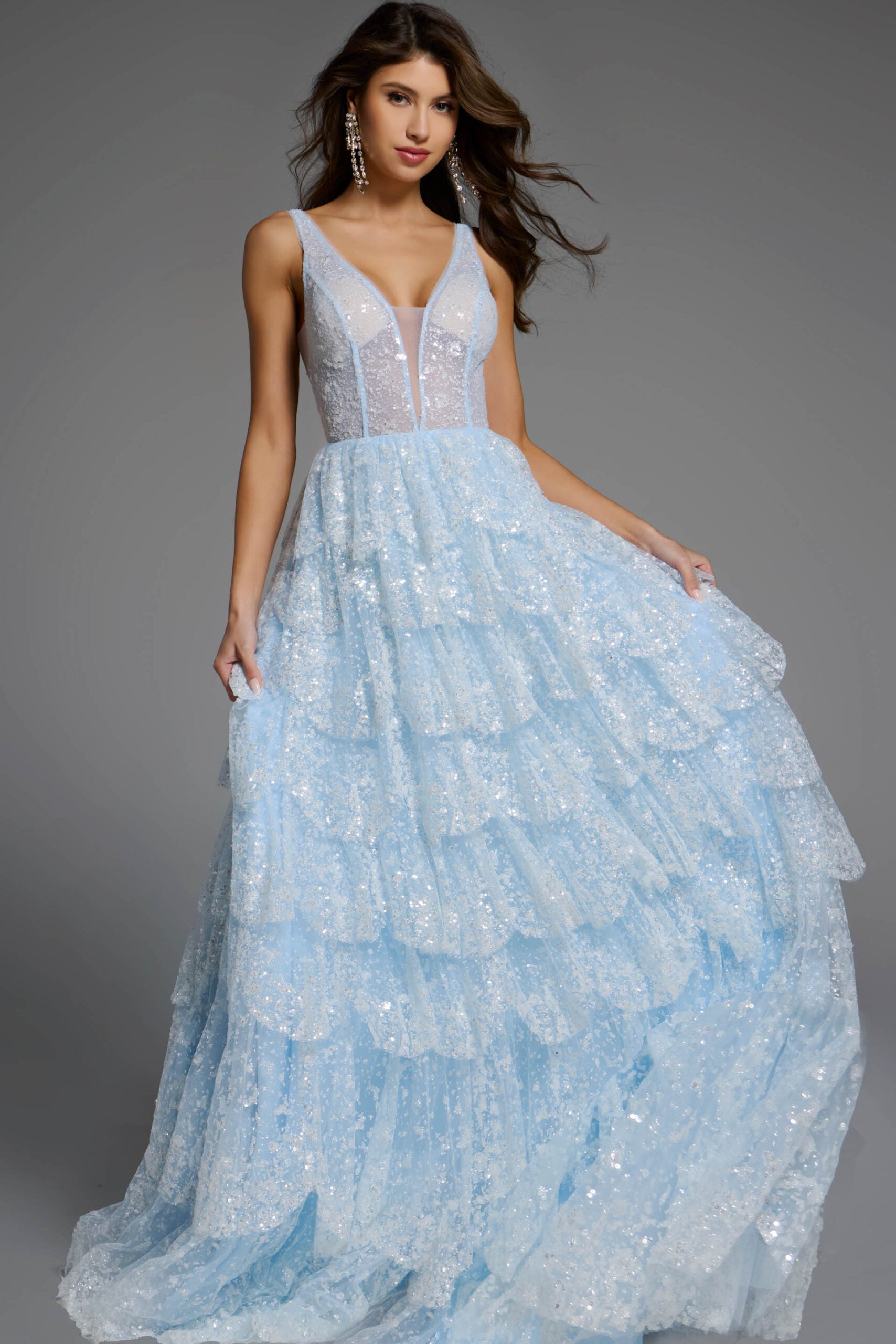 Jovani -43198 Sleeveless V-Neck Prom Gown with Sequin Layers
