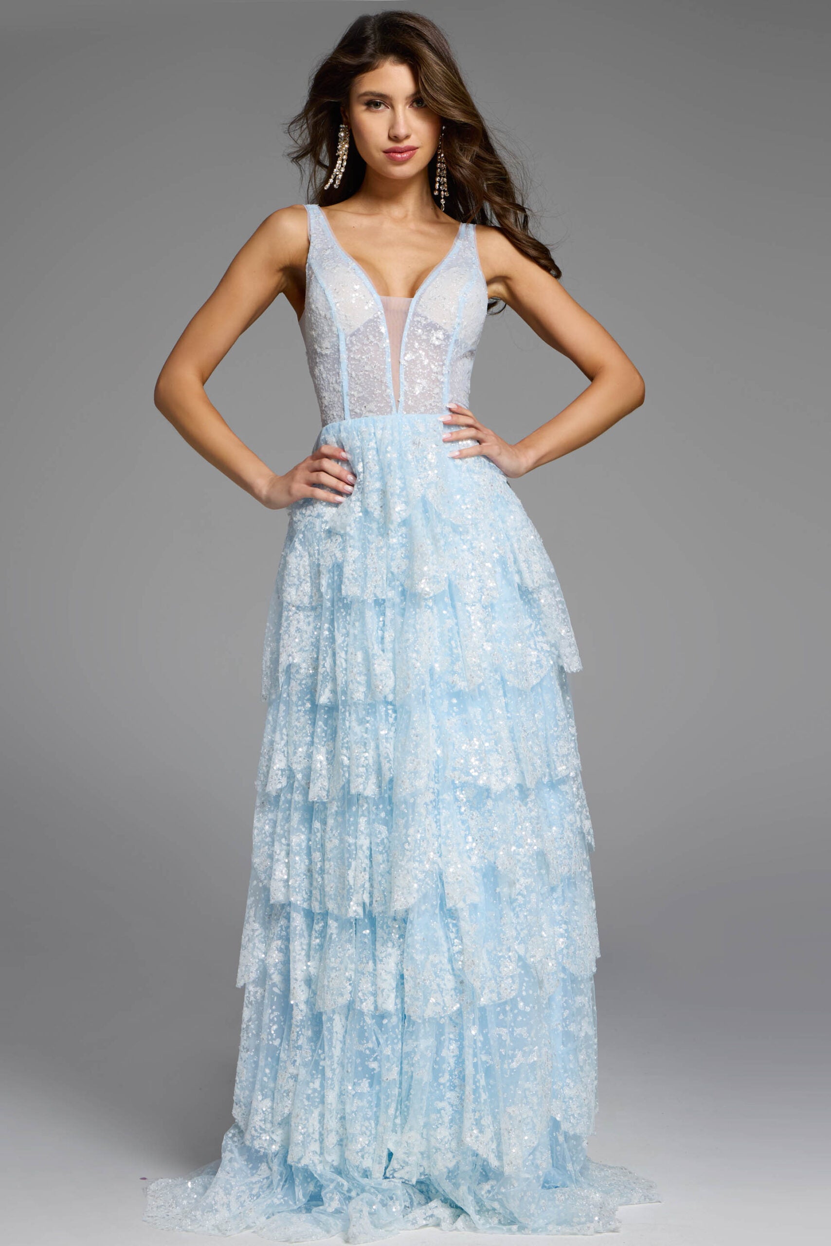 Jovani -43198 Sleeveless V-Neck Prom Gown with Sequin Layers