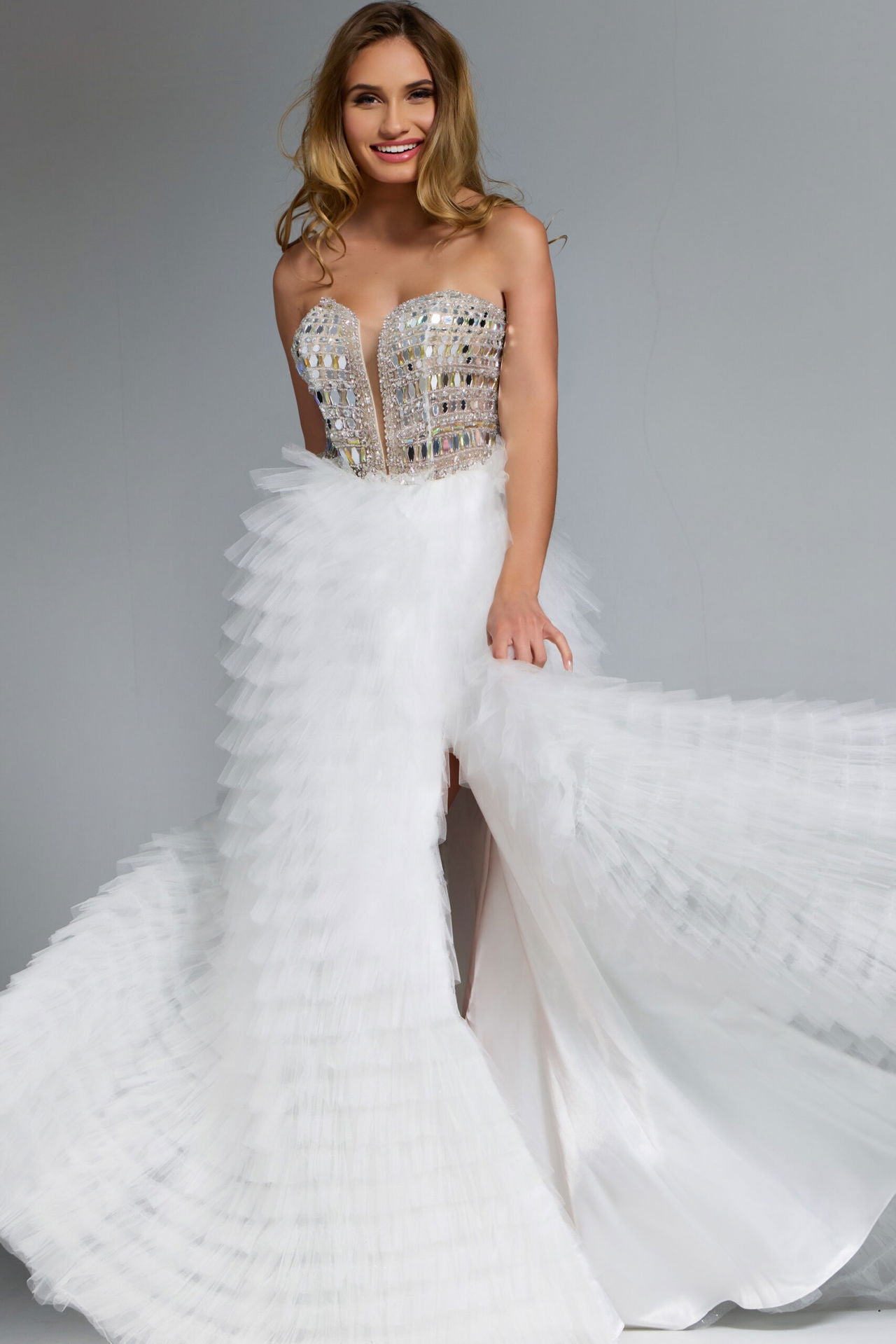 Jovani -43412 Strapless Tulle Gown With Beaded Corset Bodice