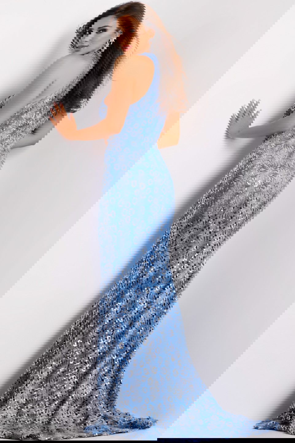 Jovani -43678 Sequin Embellishments Halter Neck Floral Lace Gown