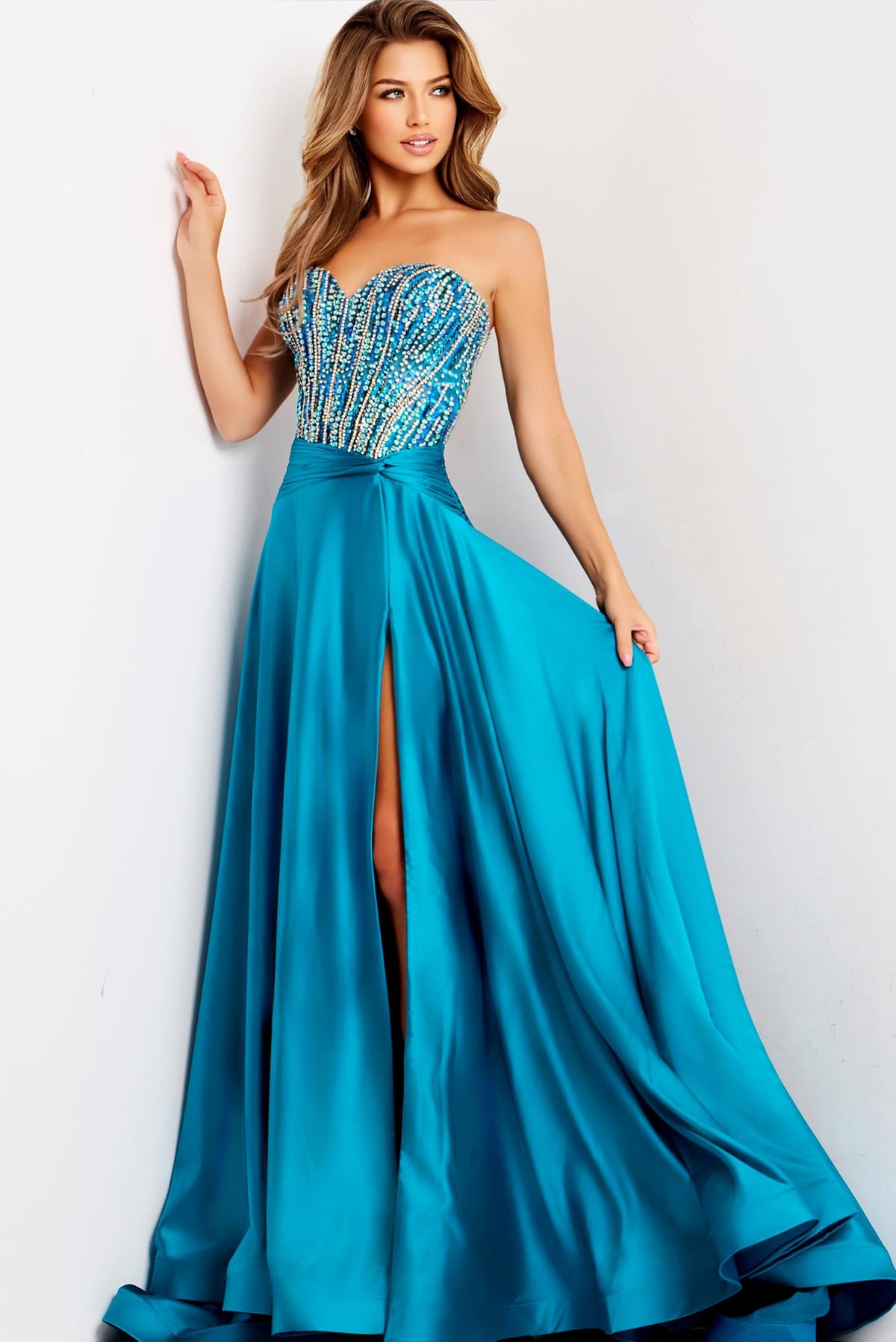 Jovani -43729B Strapless Beaded Satin A-line Dress