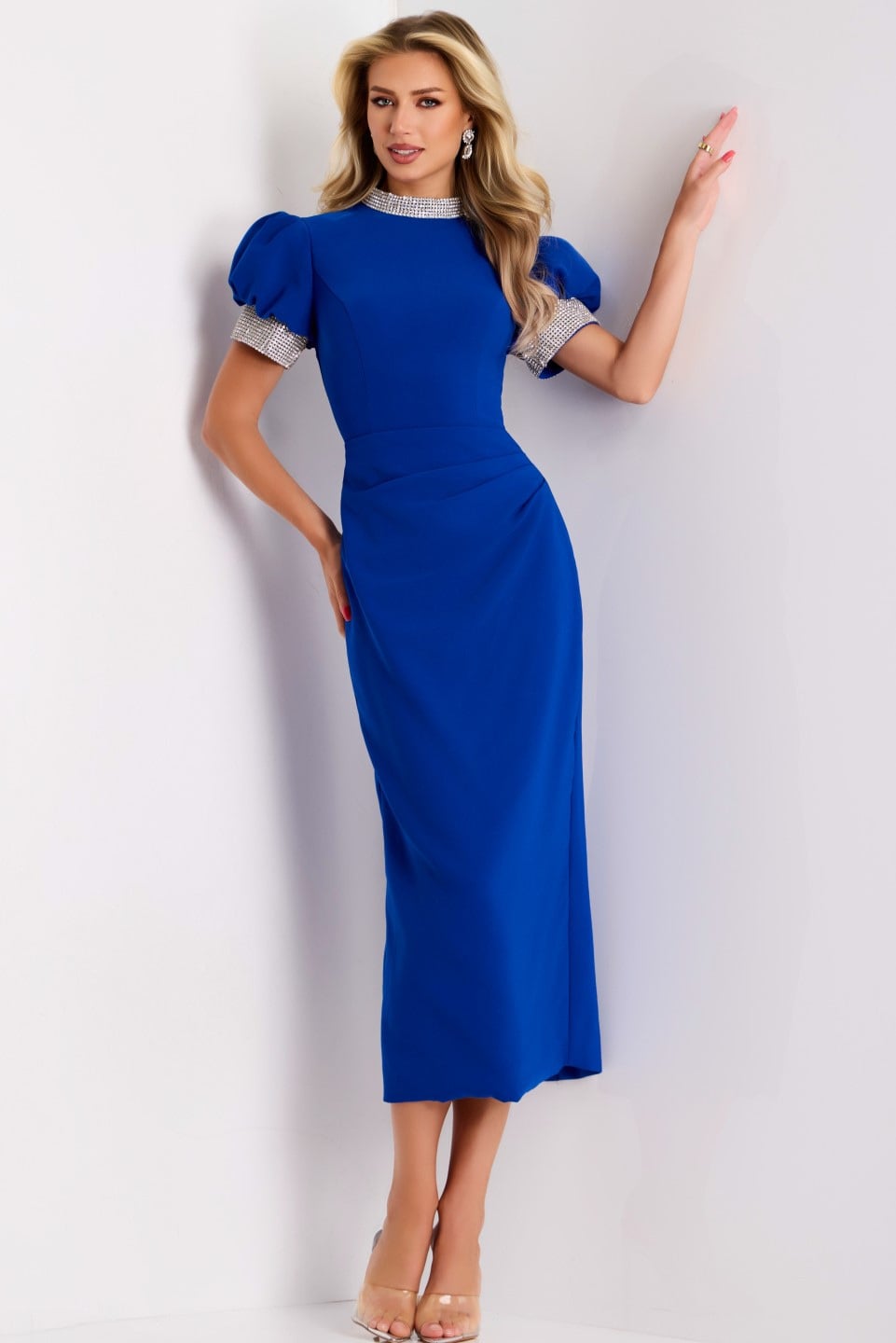 Jovani -43773 Rhinestone High Neck Puff Sleeve Tea length Dress