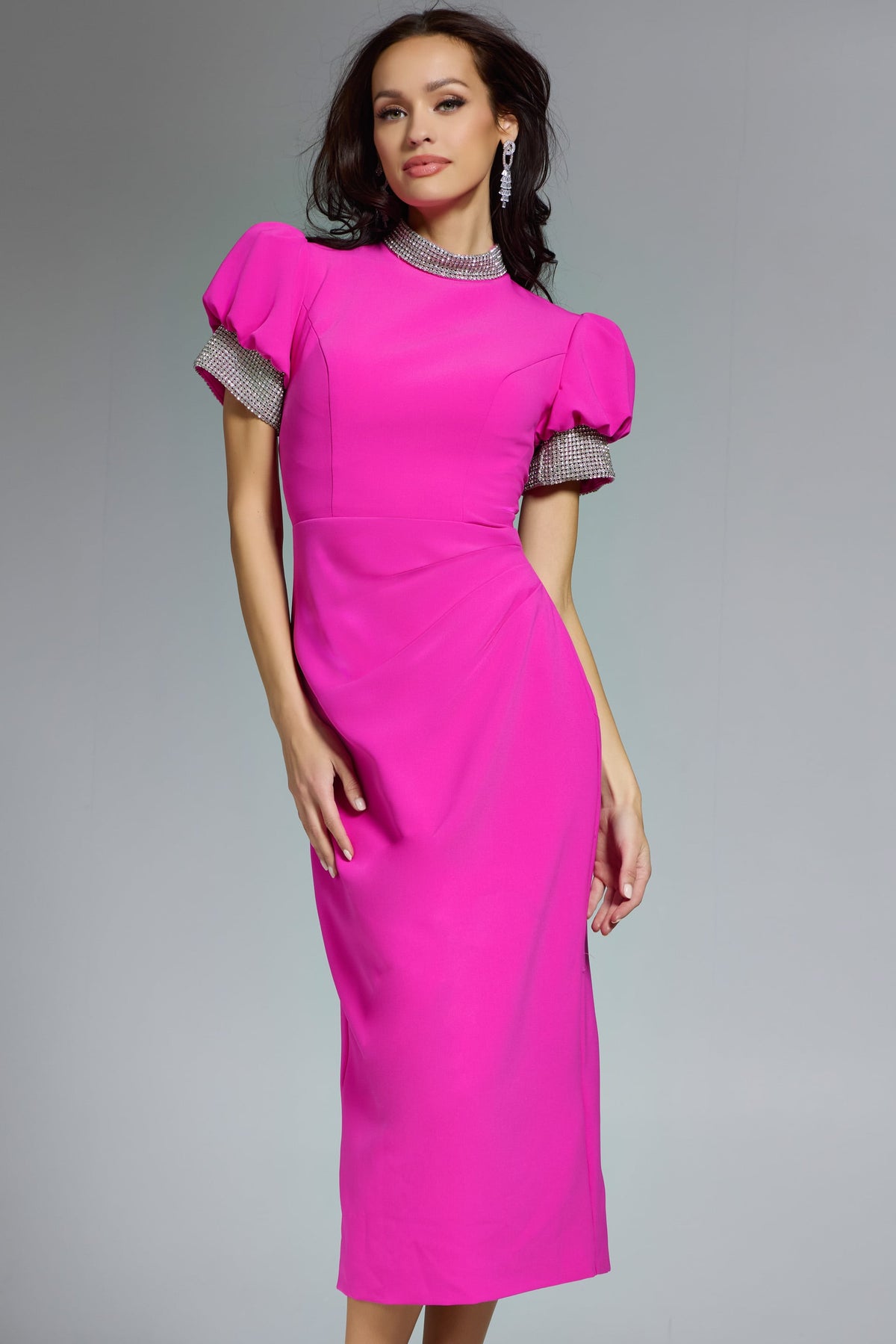 Jovani -43773 Rhinestone High Neck Puff Sleeve Tea length Dress