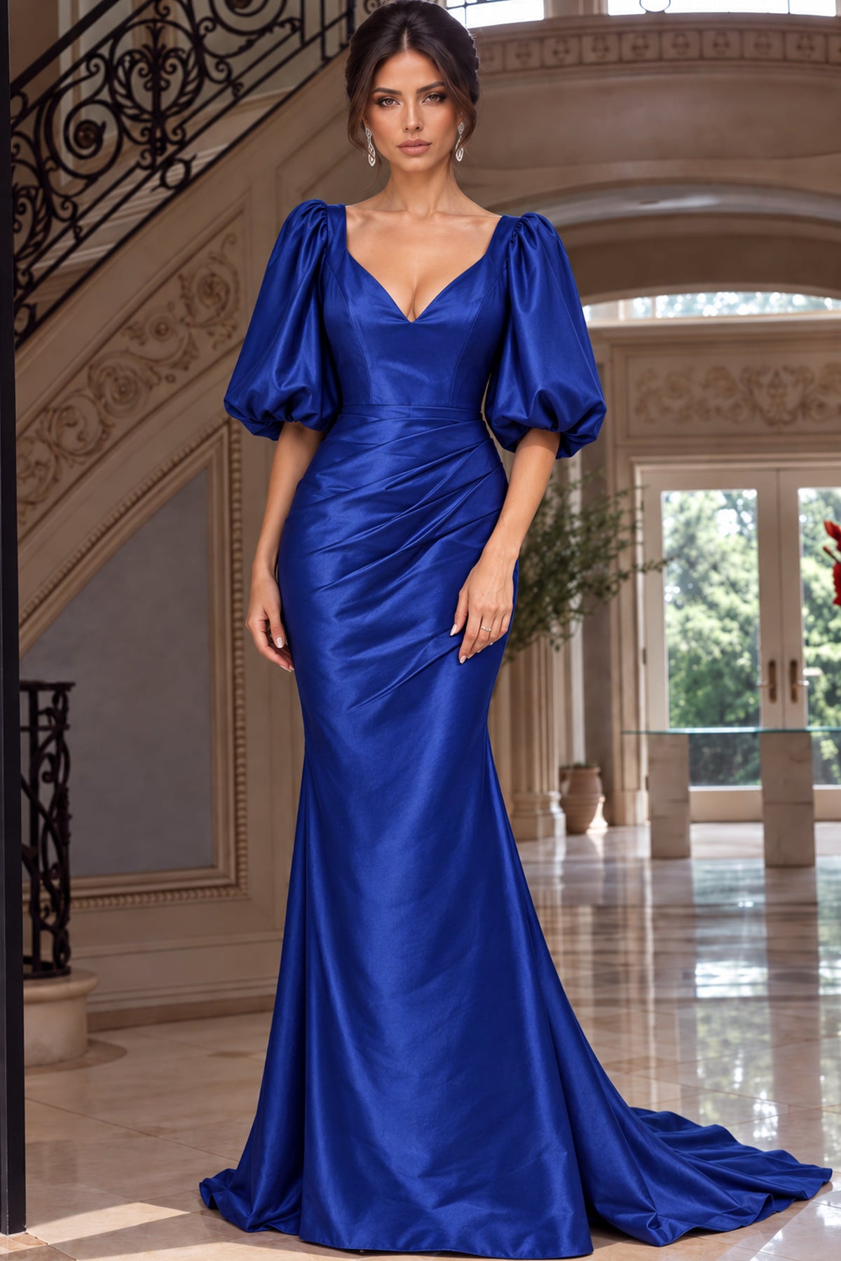 Jovani -43818 Satin V Neck Puff Sleeve Mermaid Gown